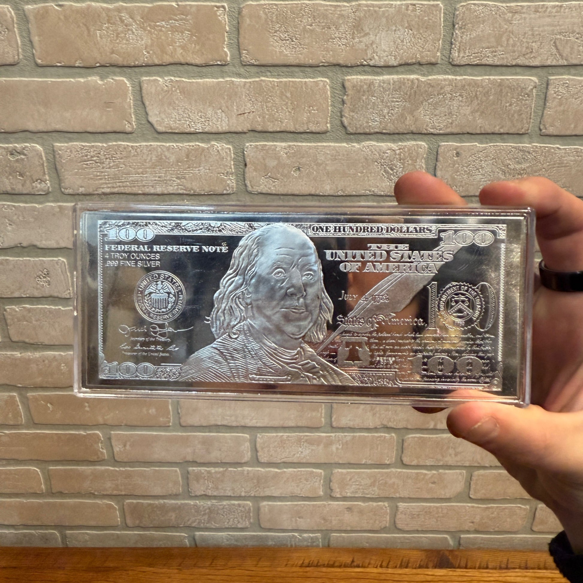 4 Troy Ounce Fine Silver Bar $100 Bill Design