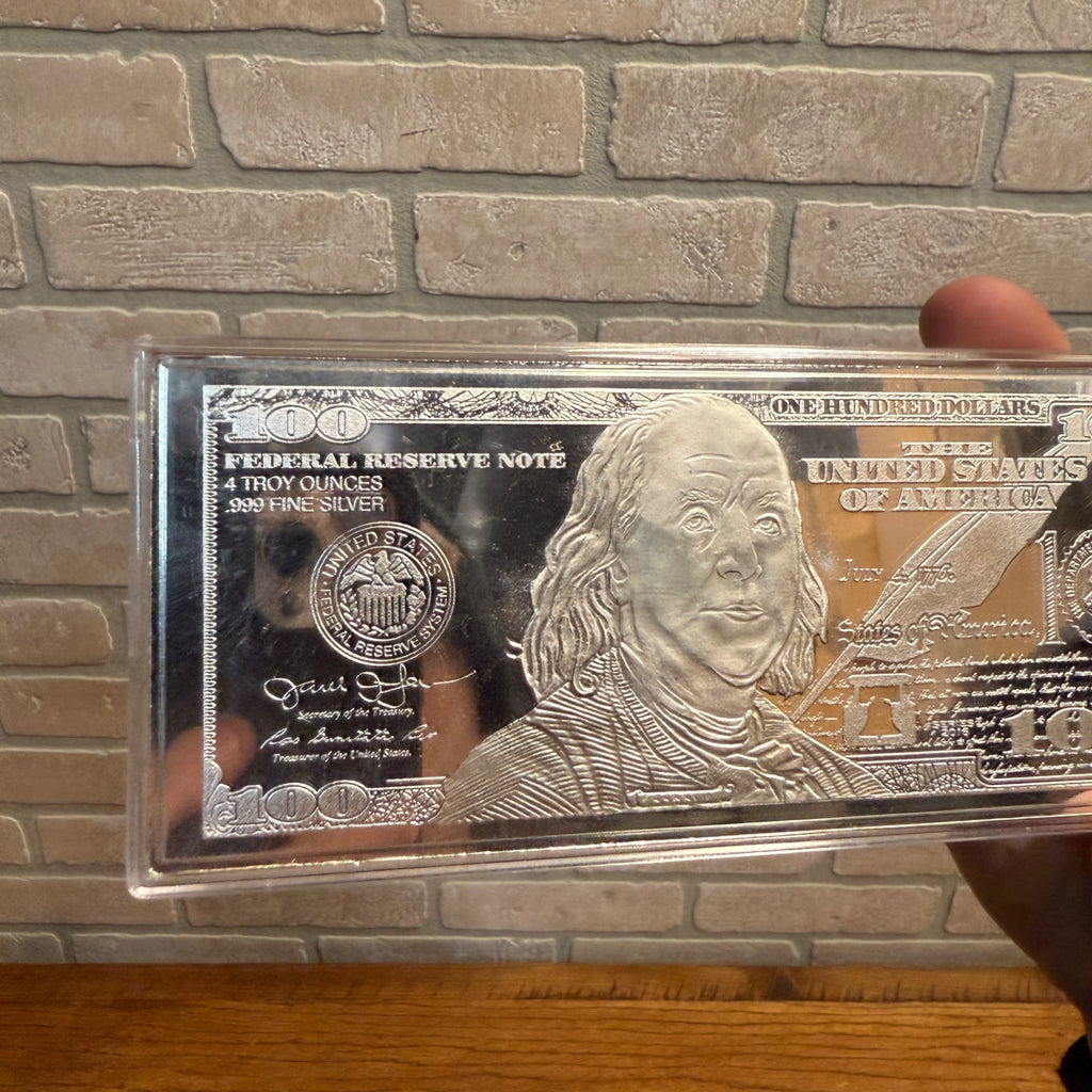 4 Troy Ounce Fine Silver Bar $100 Bill Design