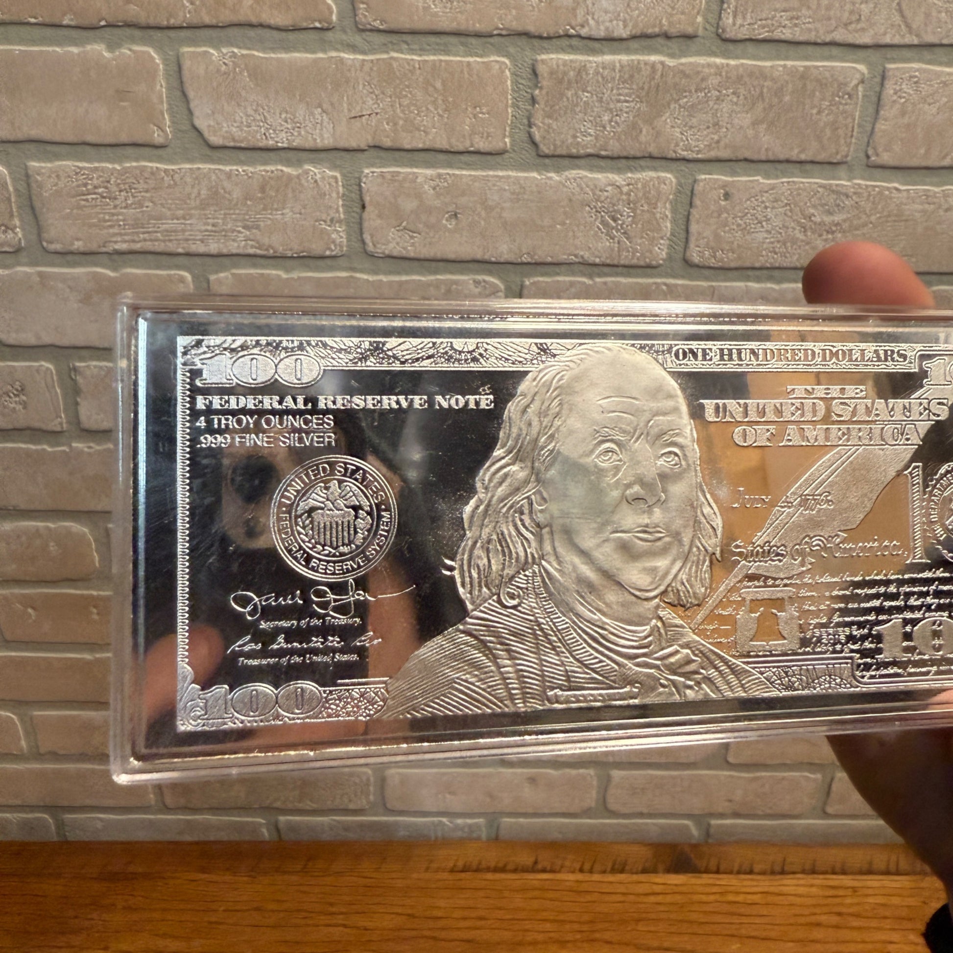 4 Troy Ounce Fine Silver Bar $100 Bill Design