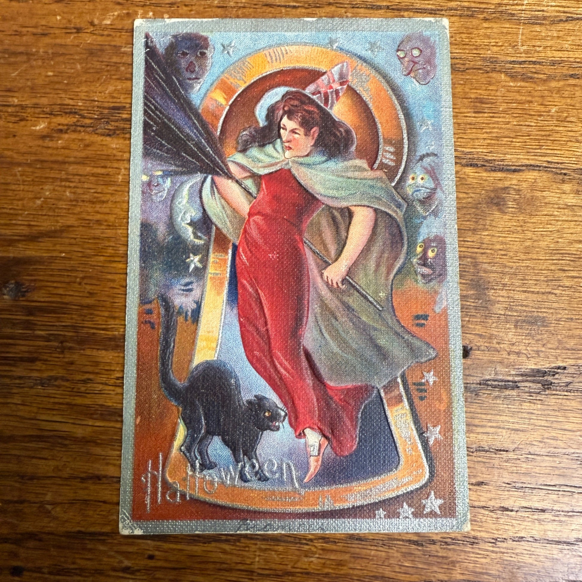 Halloween Postcard Keyhole Series Witch Black Cat Demons Ghouls