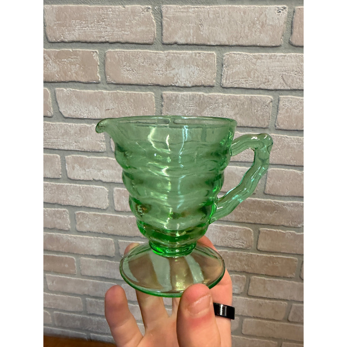 Rare1920s Art Deco Green Uranium Vaseline Glass Creamer Pitcher DC Jenkins Glass