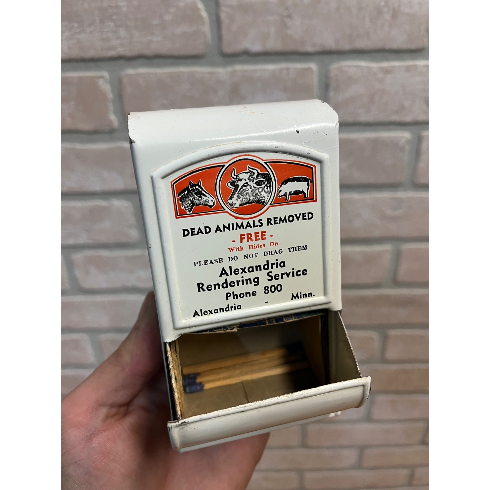 Vintage Dead Animals Removed Advertising Match Holder Alexandria Minn MN Sign