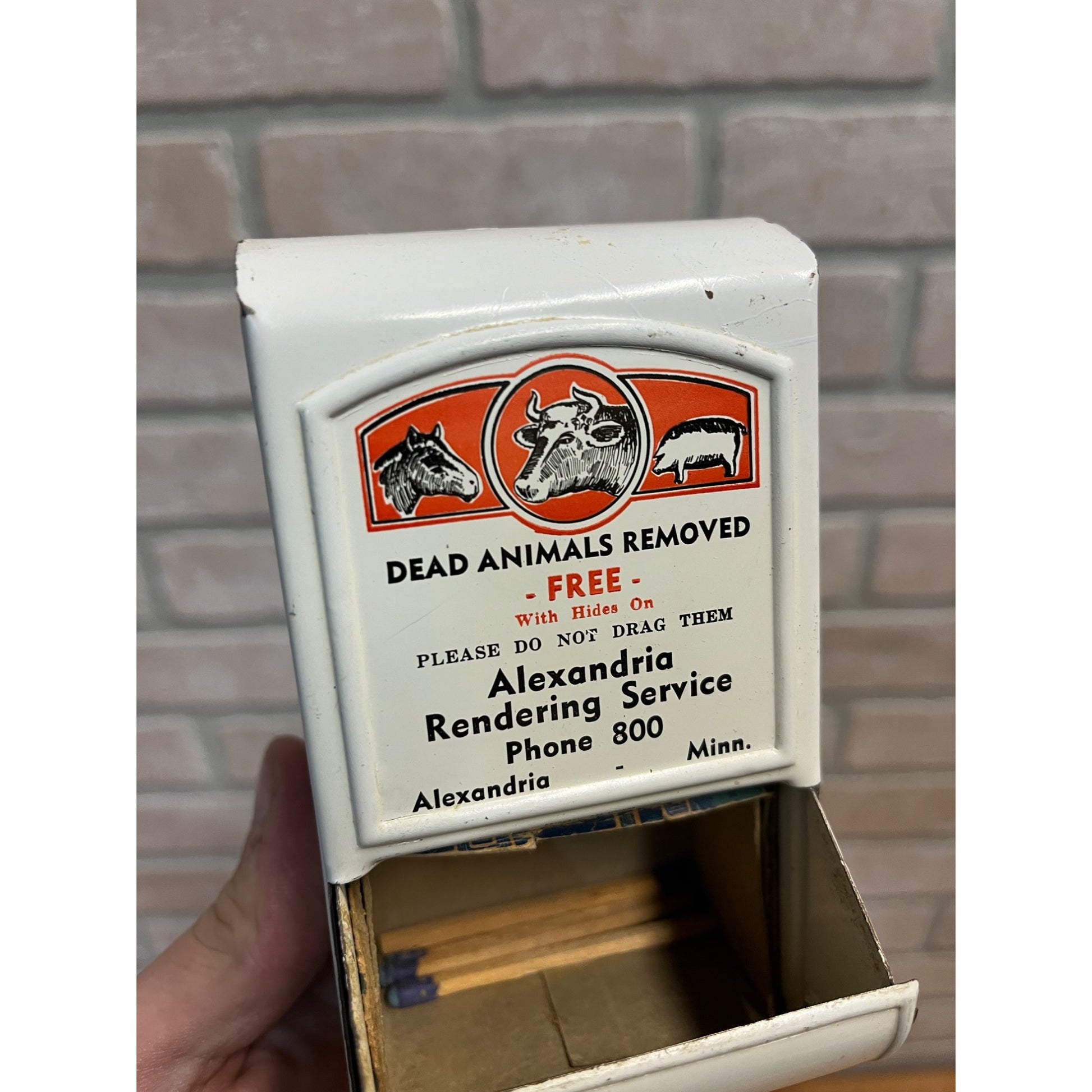 Vintage Dead Animals Removed Advertising Match Holder Alexandria Minn MN Sign