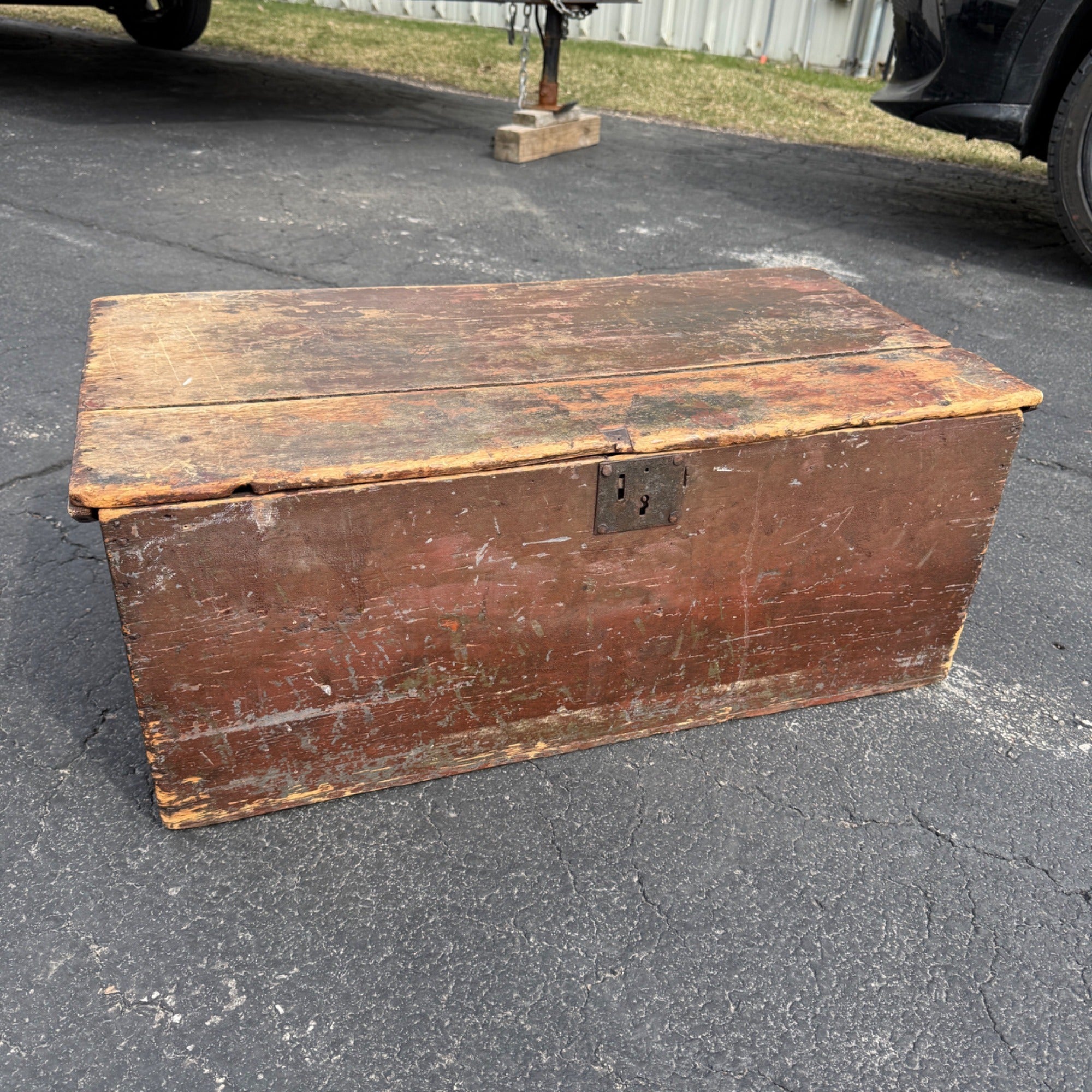 Antique Primitive 19th c. Wooden Chest Trunk Red Paint AAFA Folk Art