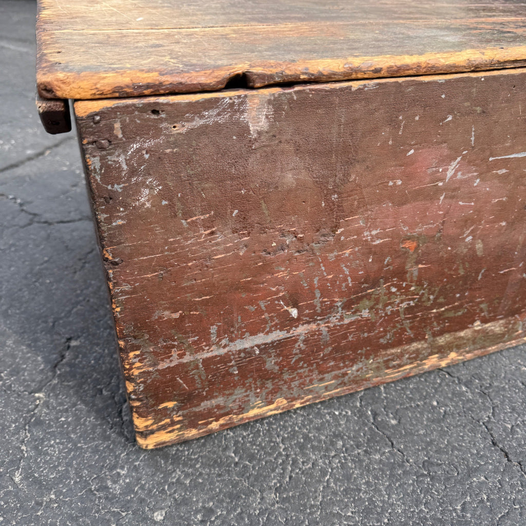 Antique Primitive 19th c. Wooden Chest Trunk Red Paint AAFA Folk Art
