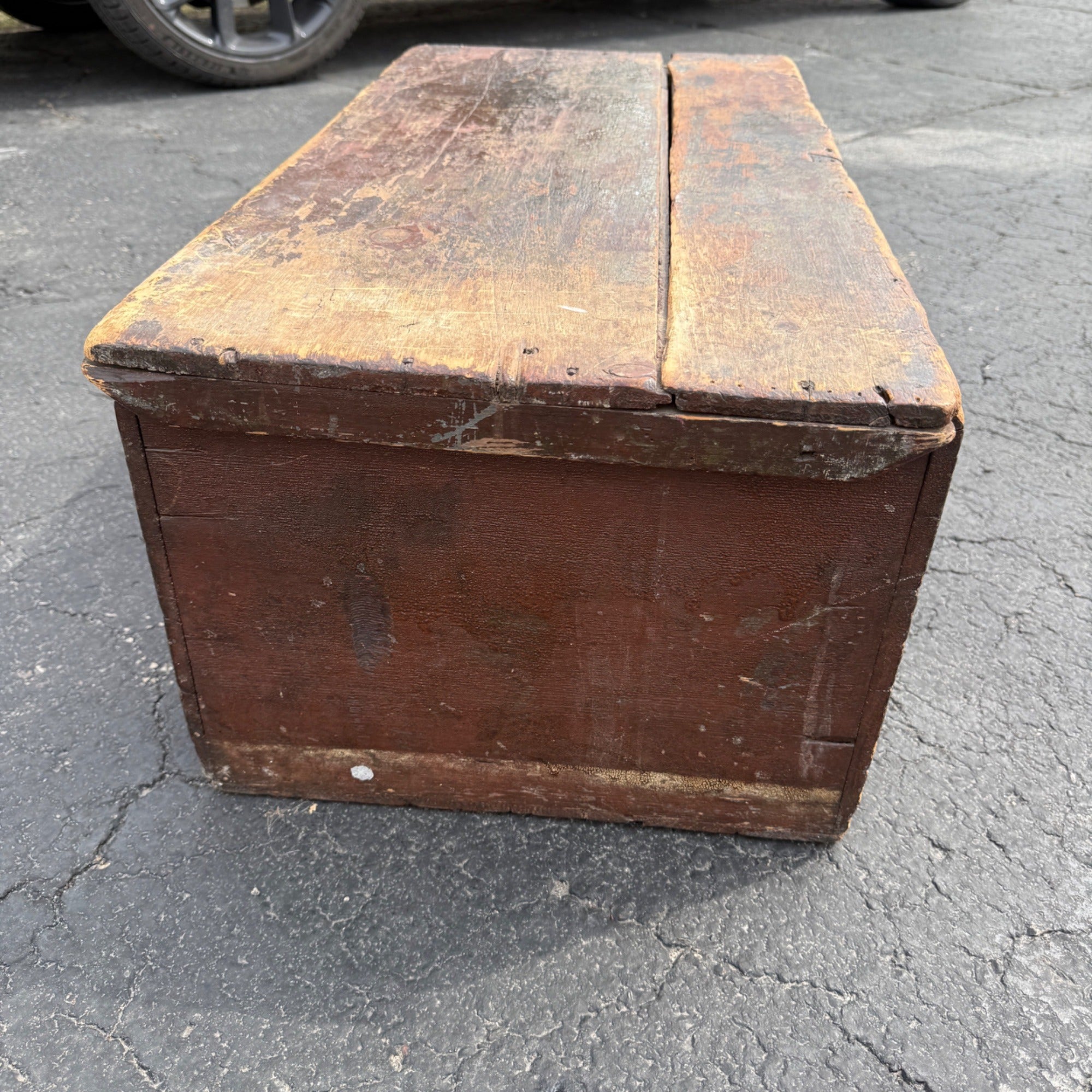 Antique Primitive 19th c. Wooden Chest Trunk Red Paint AAFA Folk Art