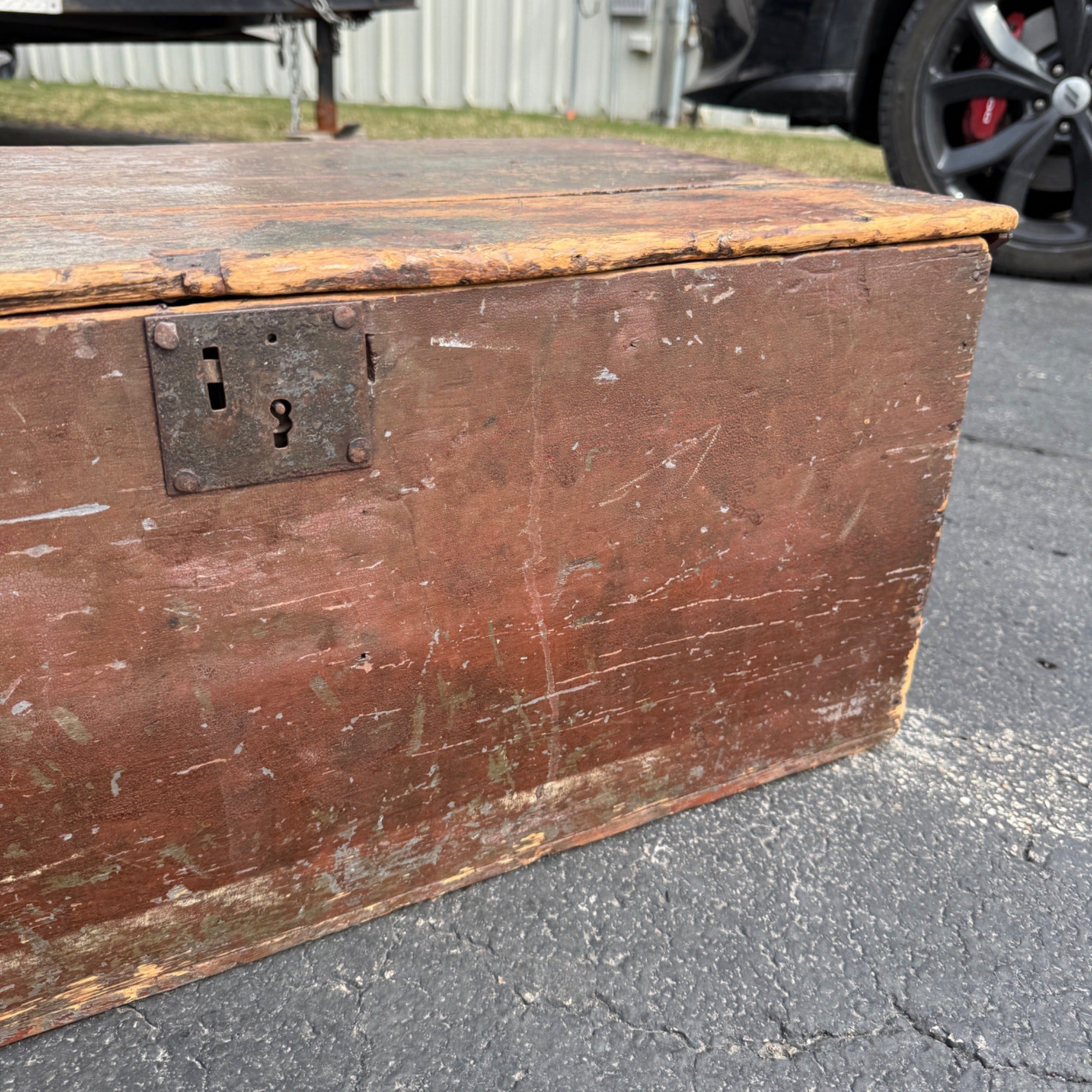 Antique Primitive 19th c. Wooden Chest Trunk Red Paint AAFA Folk Art