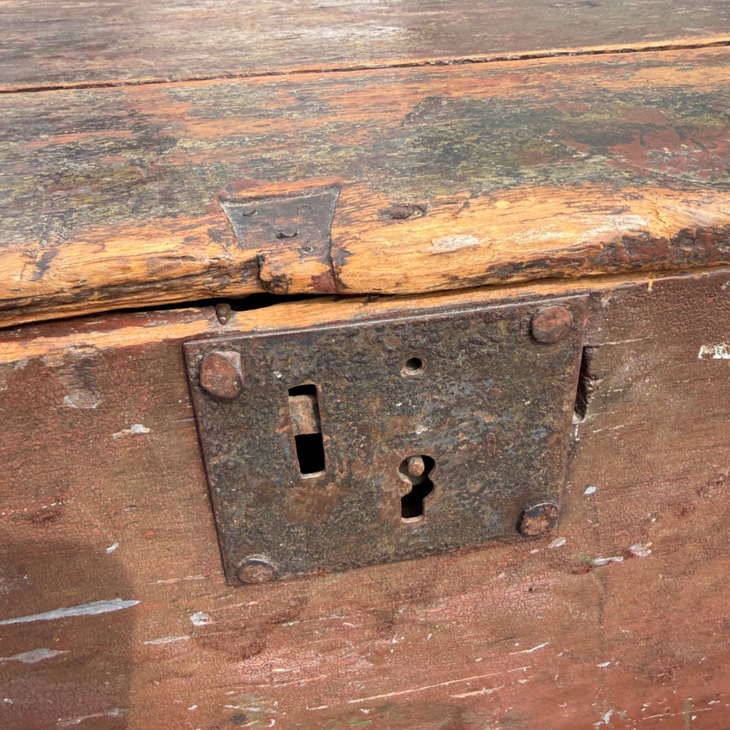 Antique Primitive 19th c. Wooden Chest Trunk Red Paint AAFA Folk Art