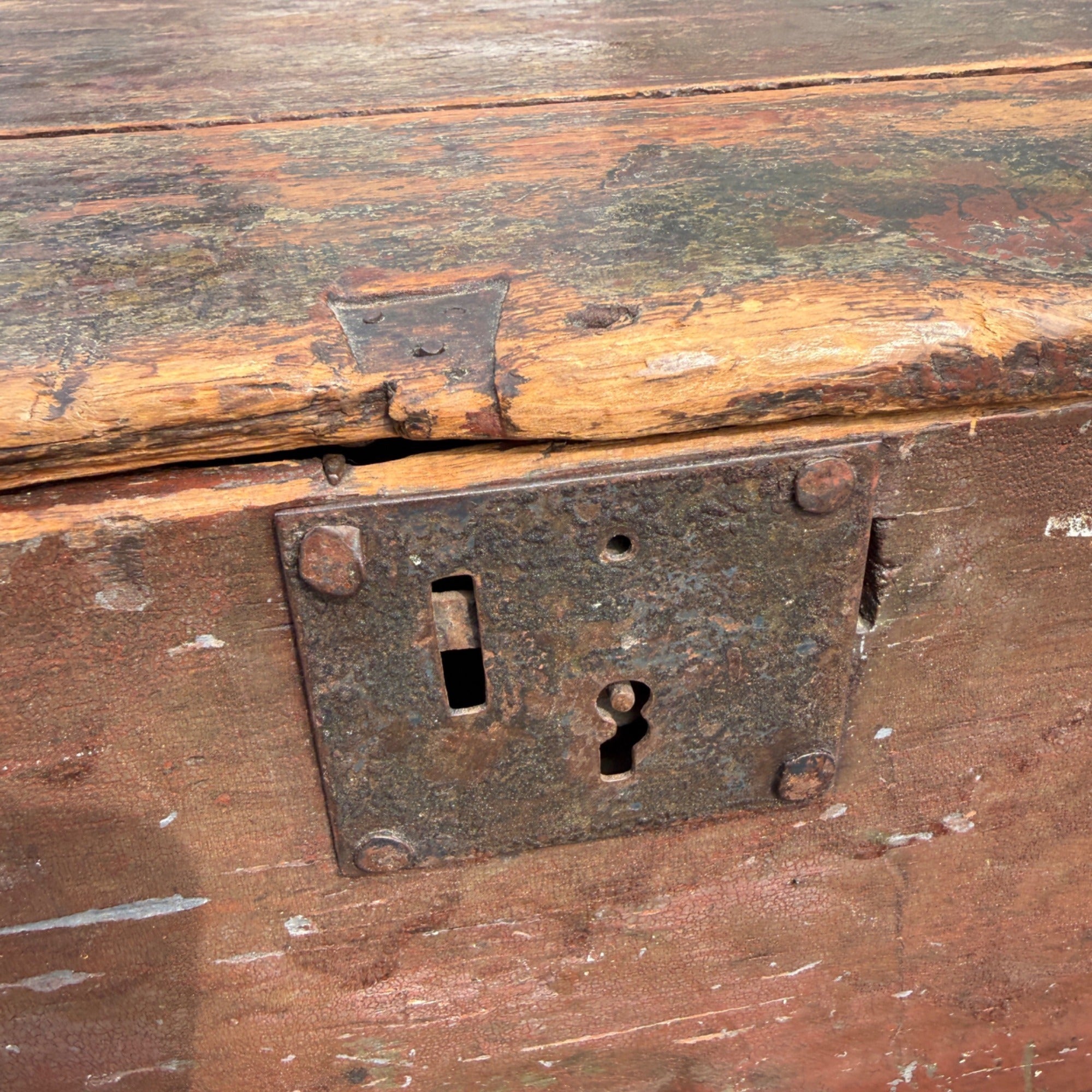 Antique Primitive 19th c. Wooden Chest Trunk Red Paint AAFA Folk Art