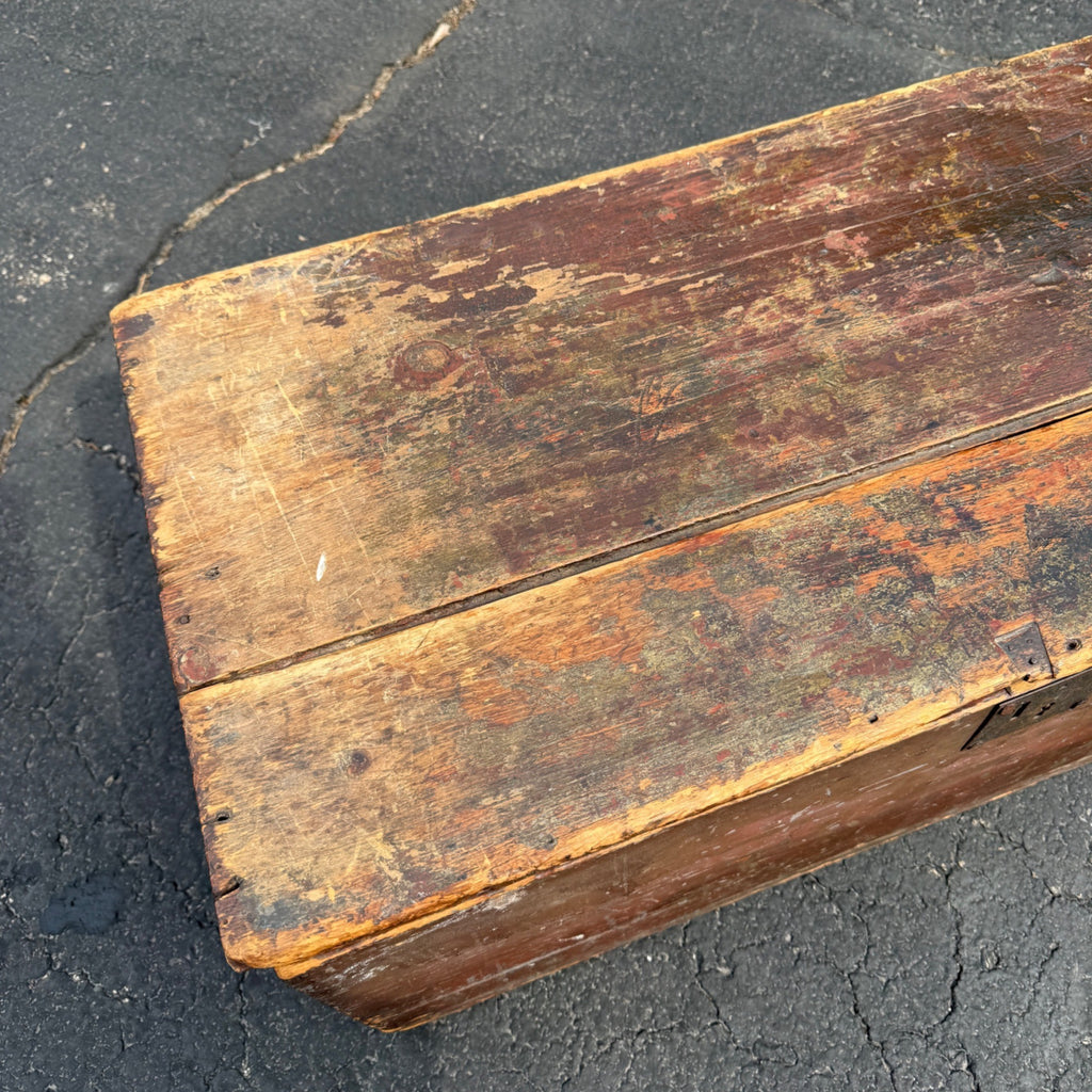 Antique Primitive 19th c. Wooden Chest Trunk Red Paint AAFA Folk Art