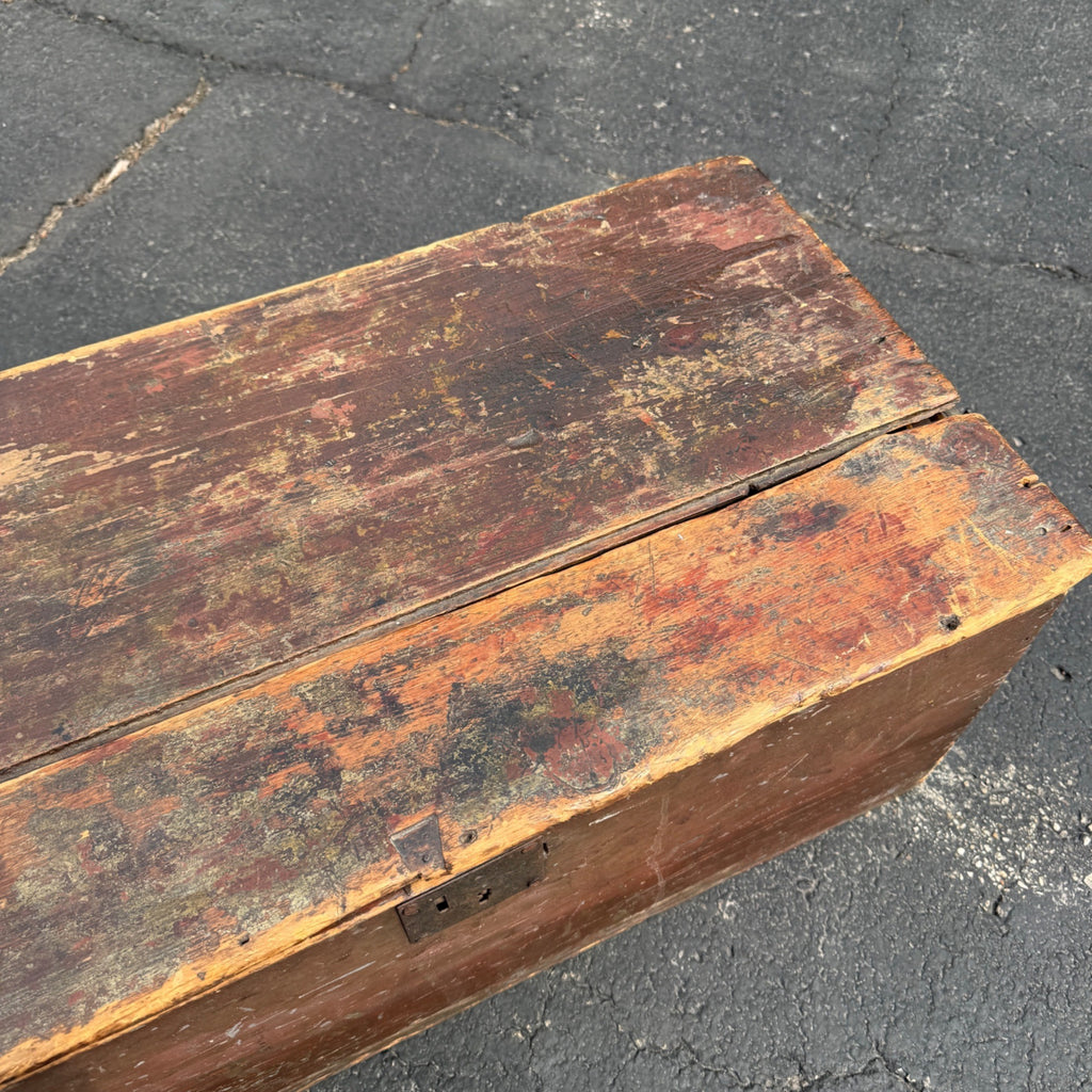 Antique Primitive 19th c. Wooden Chest Trunk Red Paint AAFA Folk Art