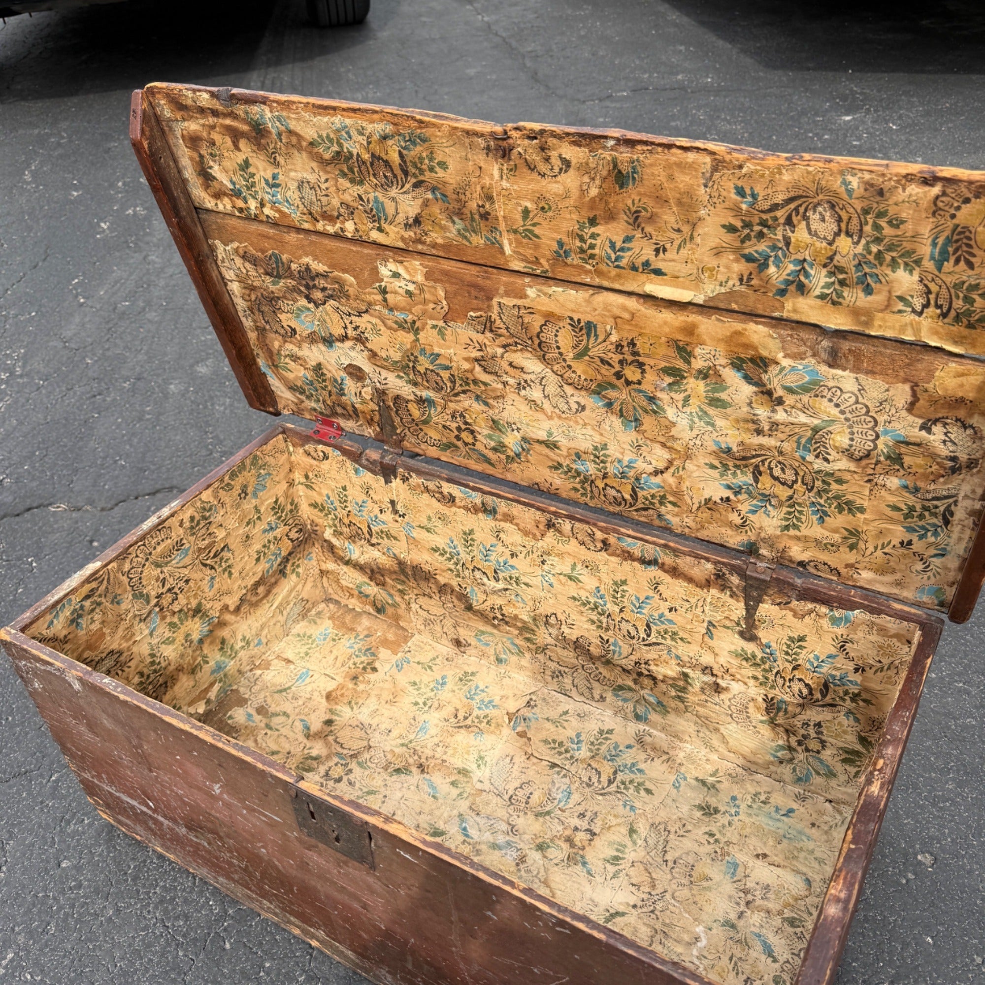 Antique Primitive 19th c. Wooden Chest Trunk Red Paint AAFA Folk Art