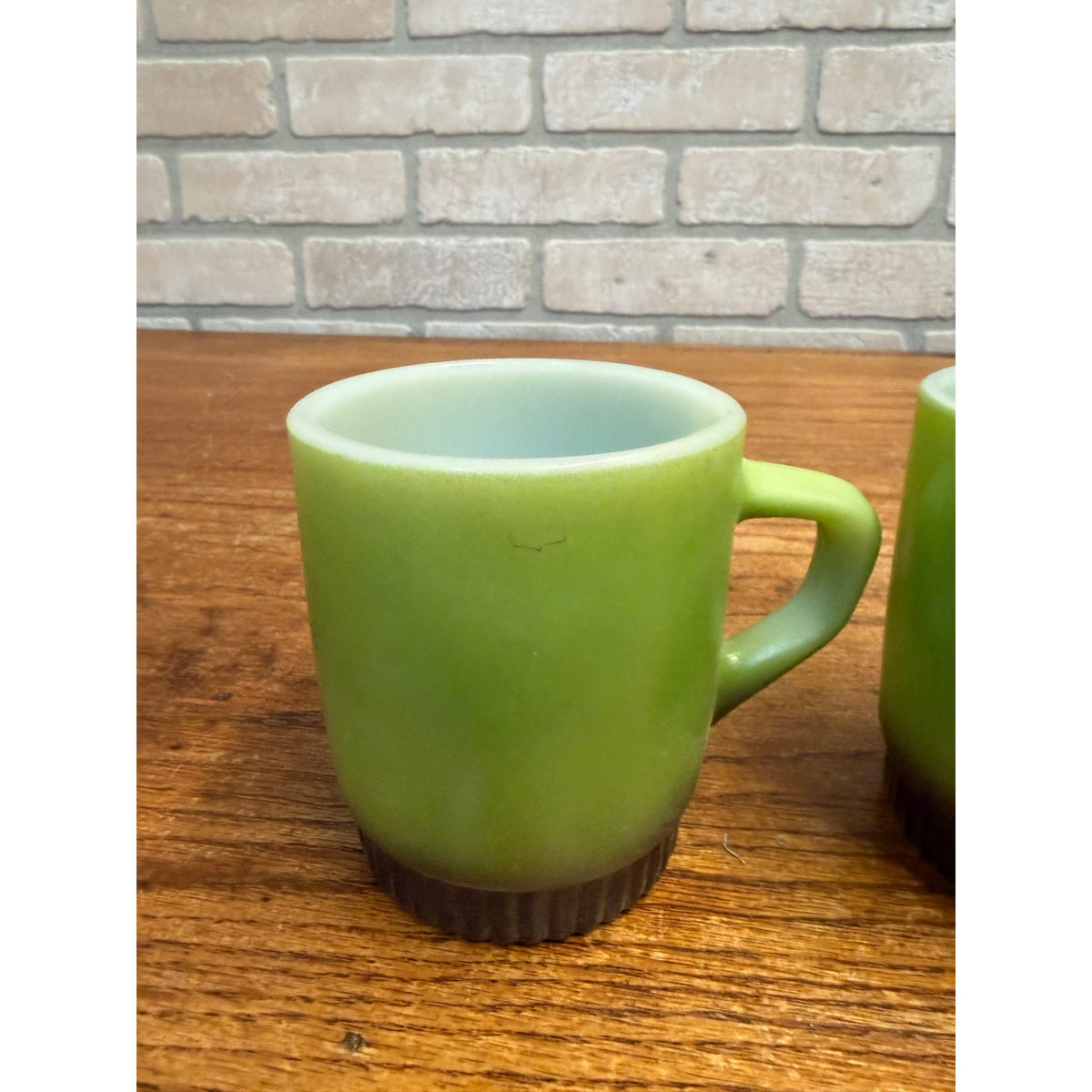 Vintage Green Fire King Milk Glass Stackable Coffee Cup Mugs Pair