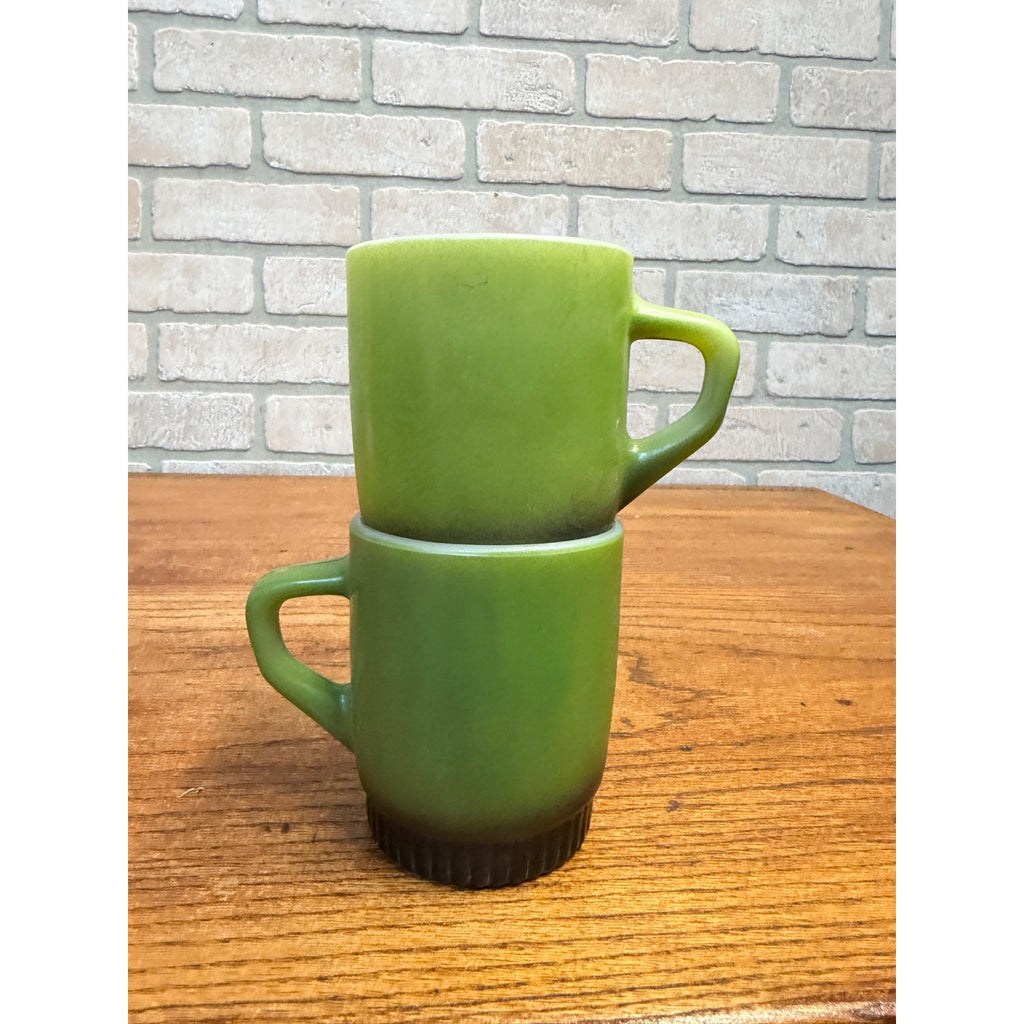 Vintage Green Fire King Milk Glass Stackable Coffee Cup Mugs Pair