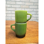 Vintage Green Fire King Milk Glass Stackable Coffee Cup Mugs Pair