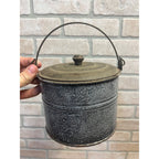 Antique Primitive Grey Graniteware Enamelware Lidded Lunch Pail/ Large Berry Bucket / Farmhouse / Kitchen Decor / Gray