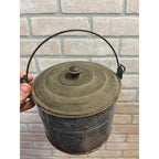 Antique Primitive Grey Graniteware Enamelware Lidded Lunch Pail/ Large Berry Bucket / Farmhouse / Kitchen Decor / Gray
