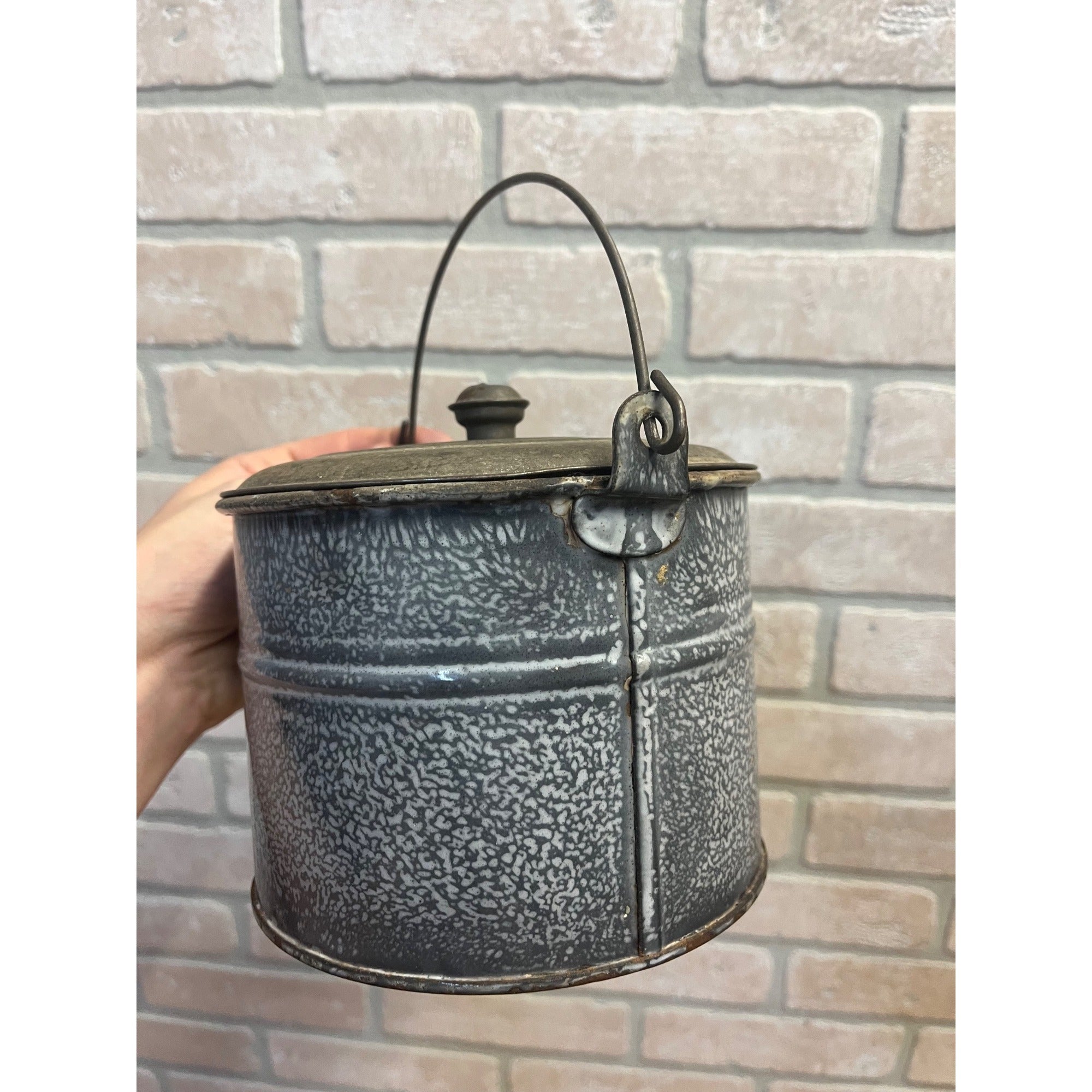 Antique Primitive Grey Graniteware Enamelware Lidded Lunch Pail/ Large Berry Bucket / Farmhouse / Kitchen Decor / Gray