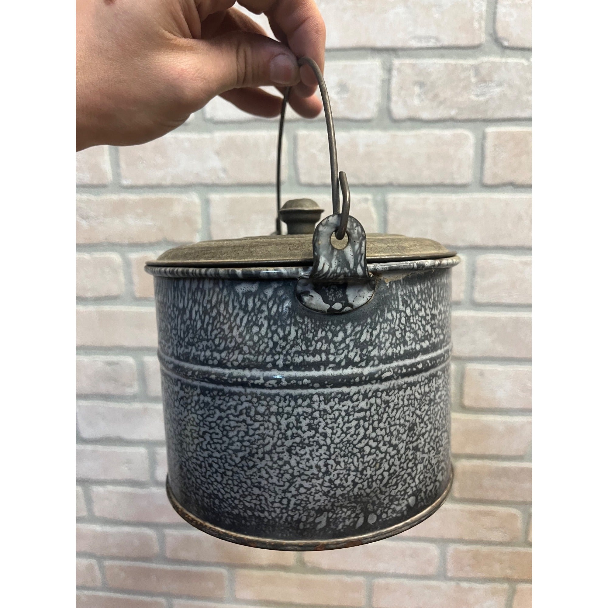 Antique Primitive Grey Graniteware Enamelware Lidded Lunch Pail/ Large Berry Bucket / Farmhouse / Kitchen Decor / Gray