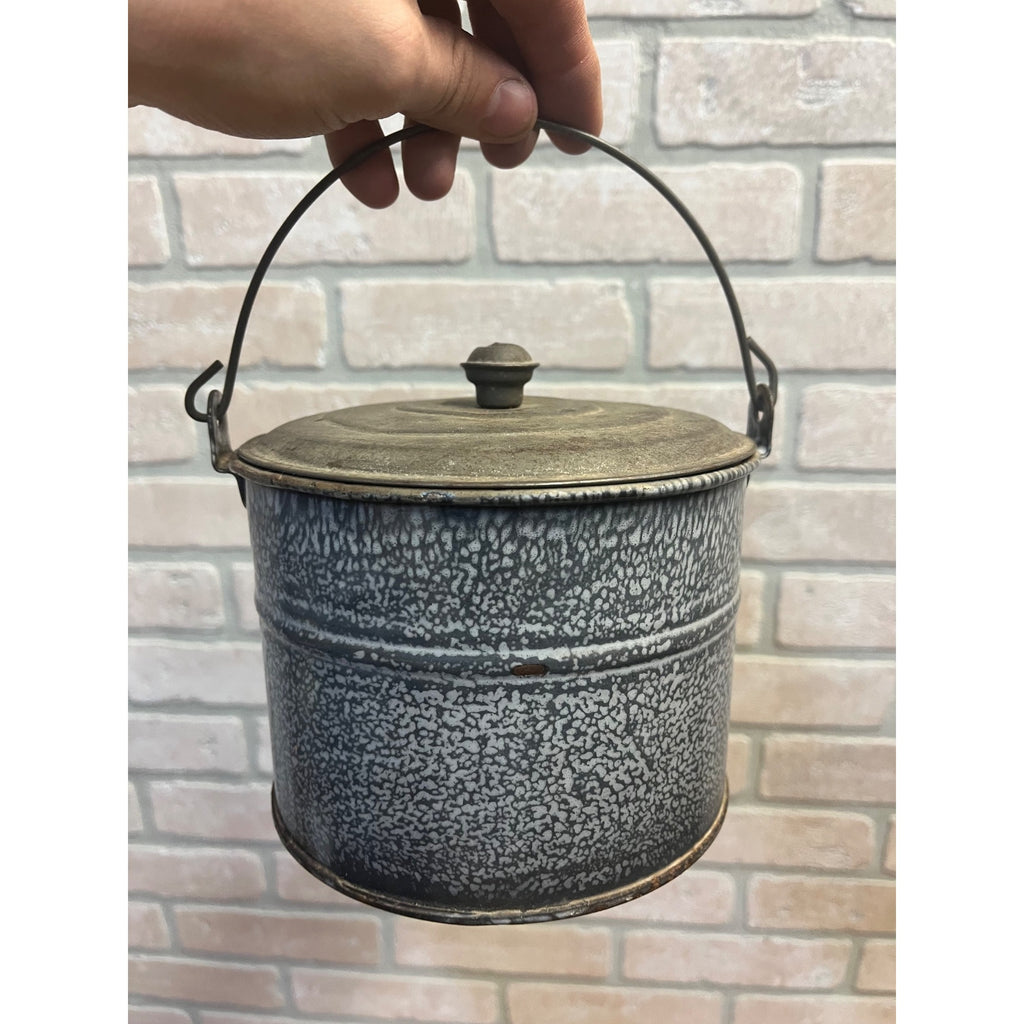 Antique Primitive Grey Graniteware Enamelware Lidded Lunch Pail/ Large Berry Bucket / Farmhouse / Kitchen Decor / Gray