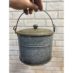 Antique Primitive Grey Graniteware Enamelware Lidded Lunch Pail/ Large Berry Bucket / Farmhouse / Kitchen Decor / Gray