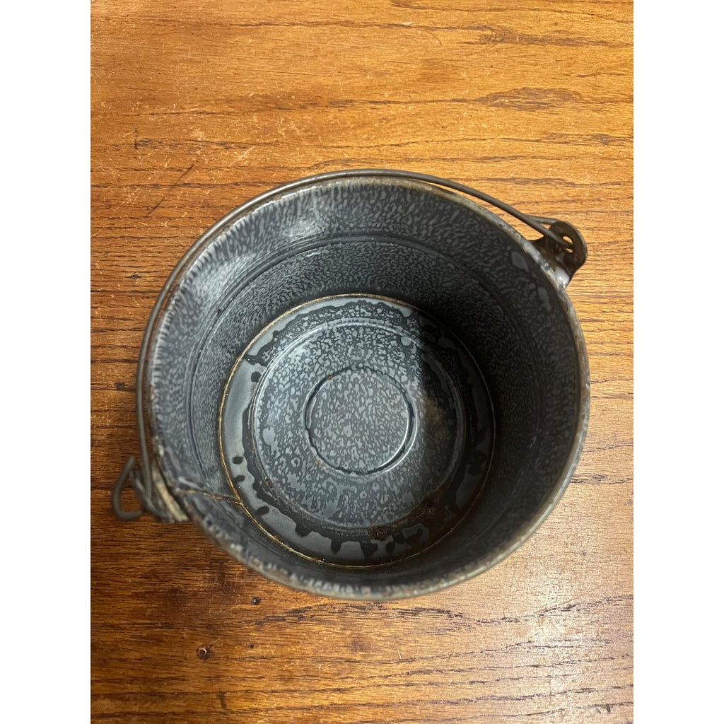 Antique Primitive Grey Graniteware Enamelware Lidded Lunch Pail/ Large Berry Bucket / Farmhouse / Kitchen Decor / Gray