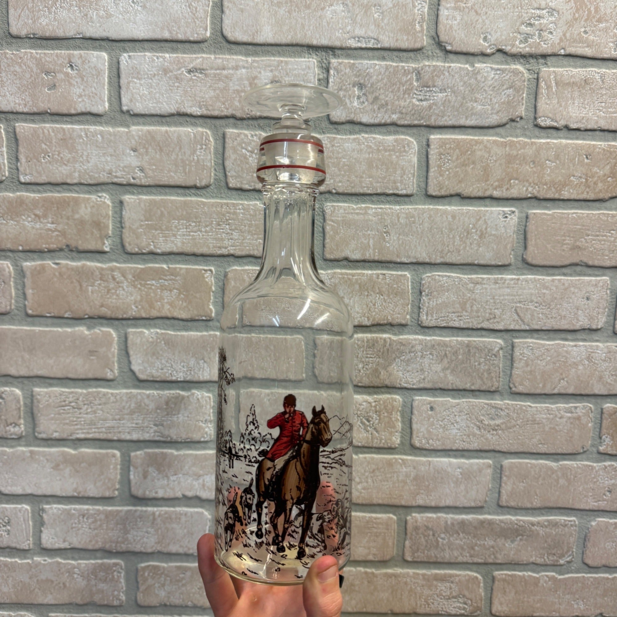 Vintage Mid Century 1970s Glass Decanter Fox Hunt Horse & Hound Dogs Barware