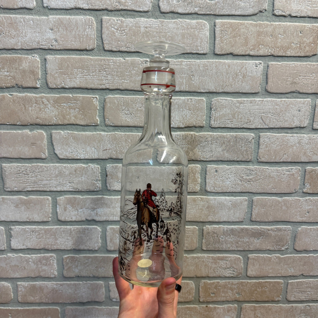 Vintage Mid Century 1970s Glass Decanter Fox Hunt Horse & Hound Dogs Barware