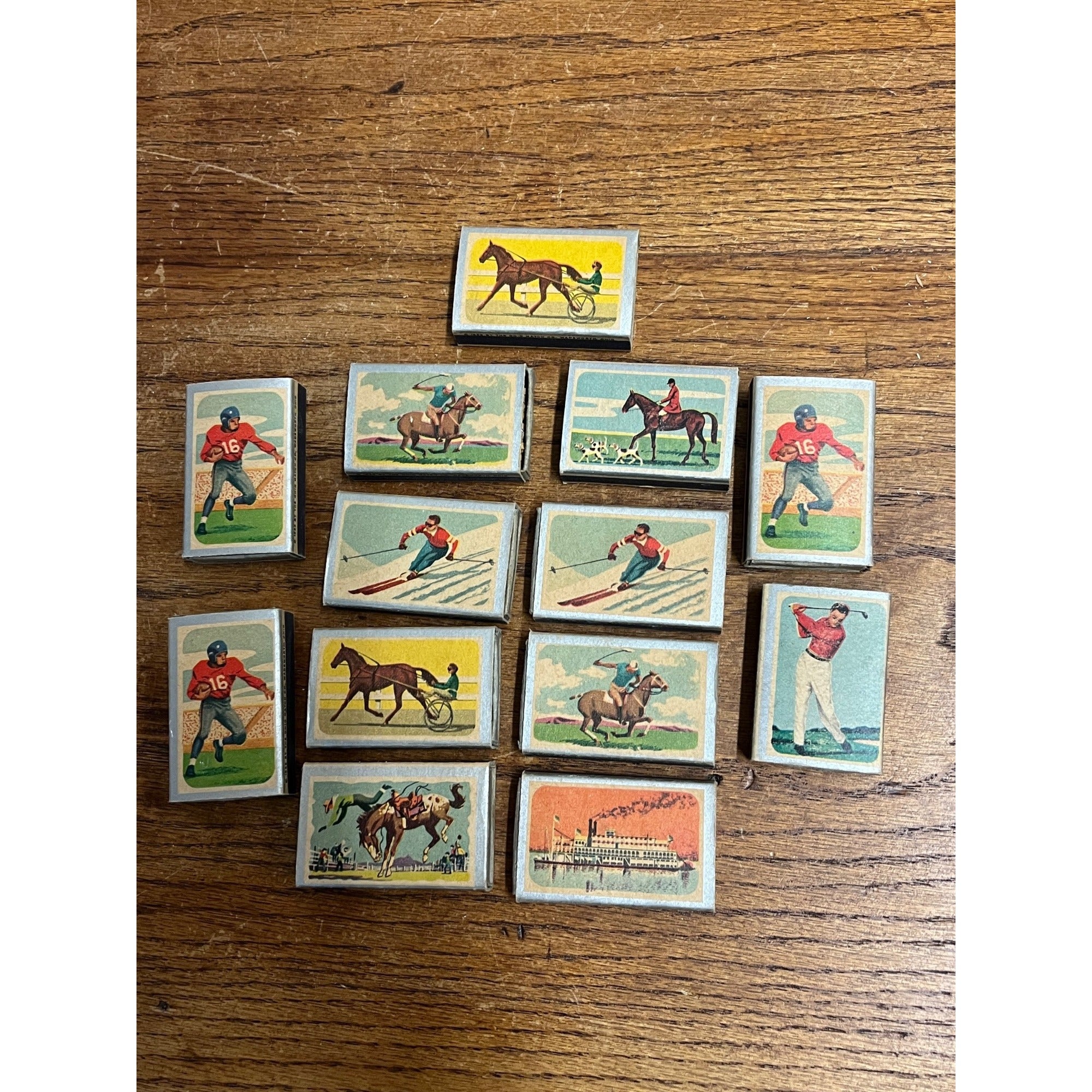 Vintage Set Of (13) Ohio Blue Tip Matches 1963 Golf Horses Buggy Boat Matchbox