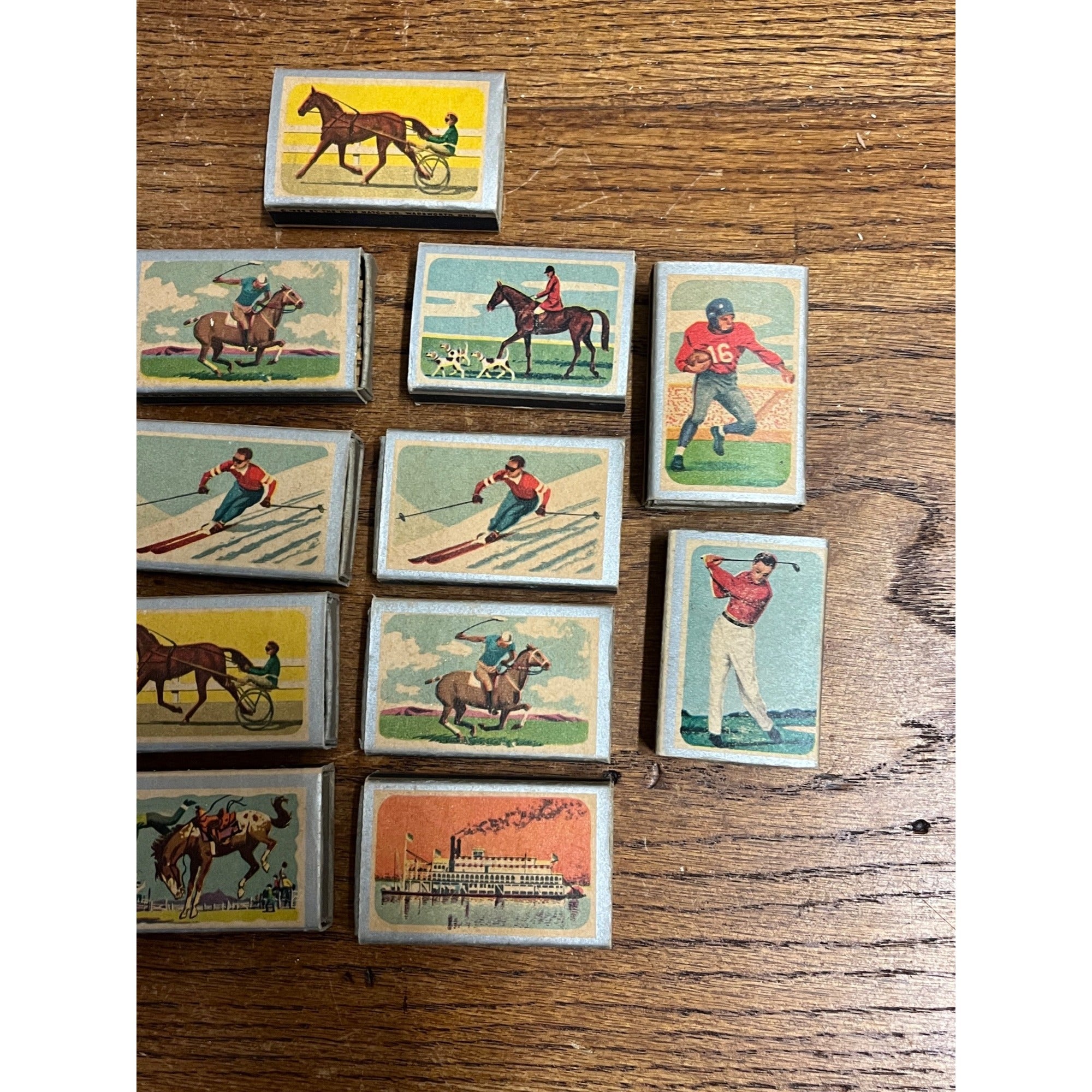 Vintage Set Of (13) Ohio Blue Tip Matches 1963 Golf Horses Buggy Boat Matchbox