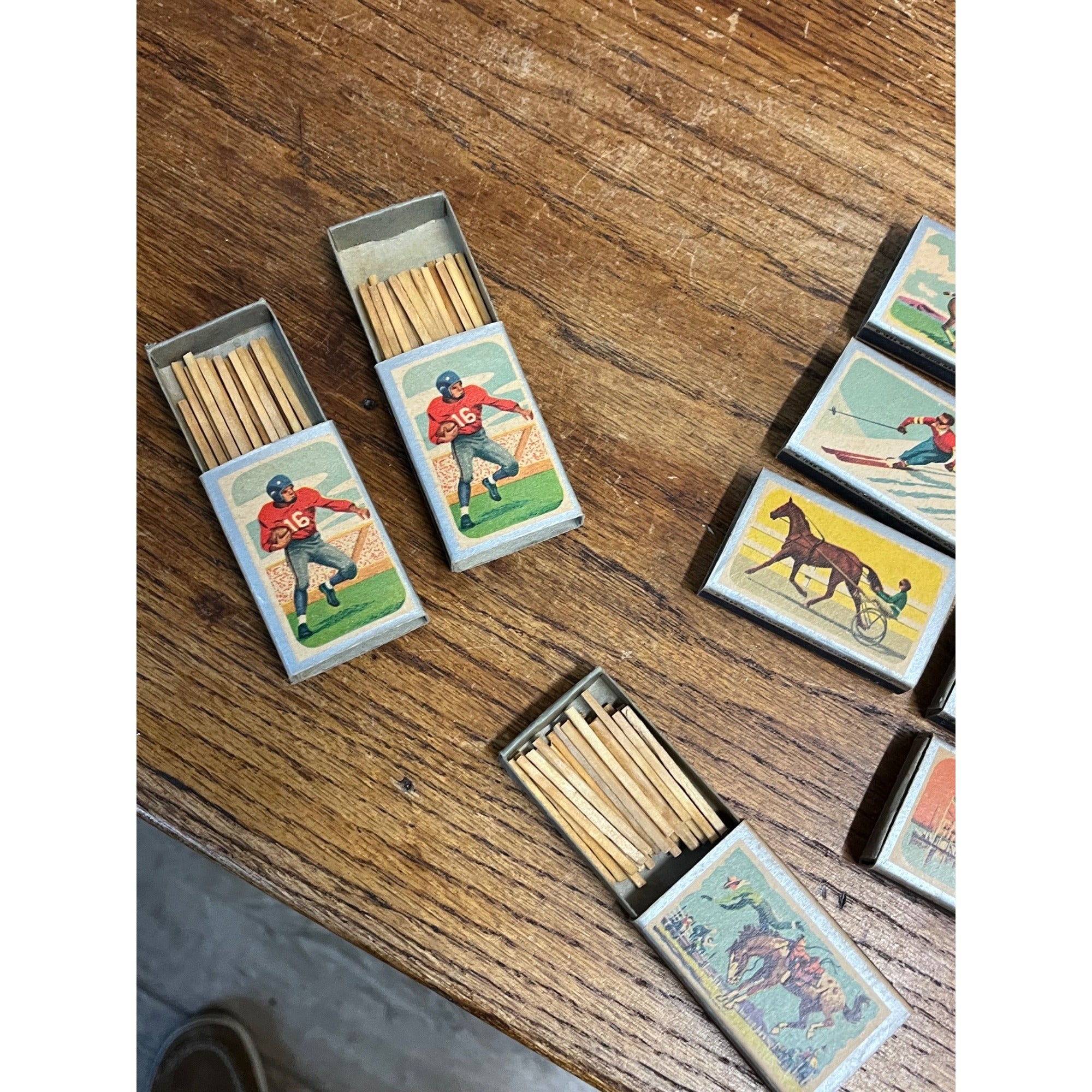 Vintage Set Of (13) Ohio Blue Tip Matches 1963 Golf Horses Buggy Boat Matchbox