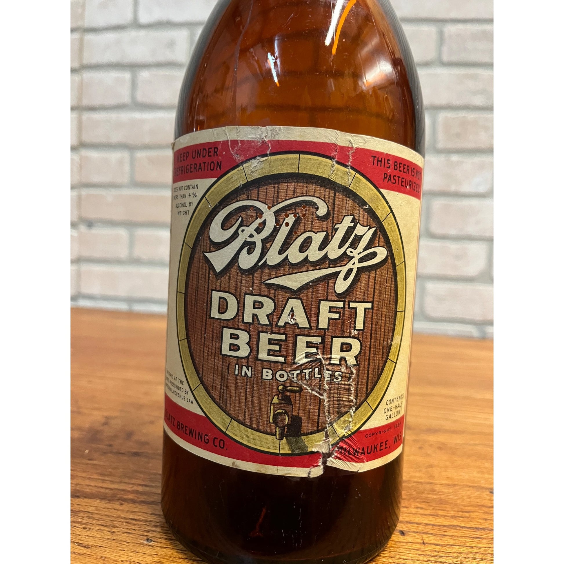 Vintage 1930s Blatz Picnic Draft Beer Half Gallon Glass Bottle ~Milwaukee, Wis.