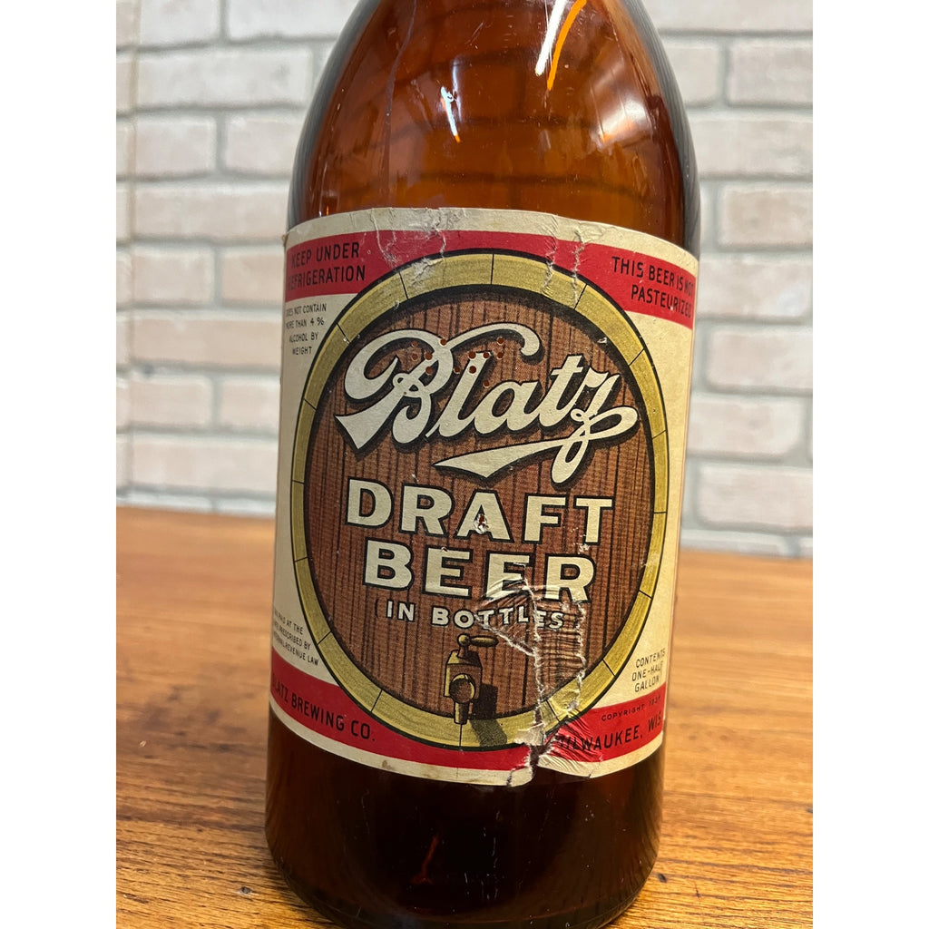 Vintage 1930s Blatz Picnic Draft Beer Half Gallon Glass Bottle ~Milwaukee, Wis.