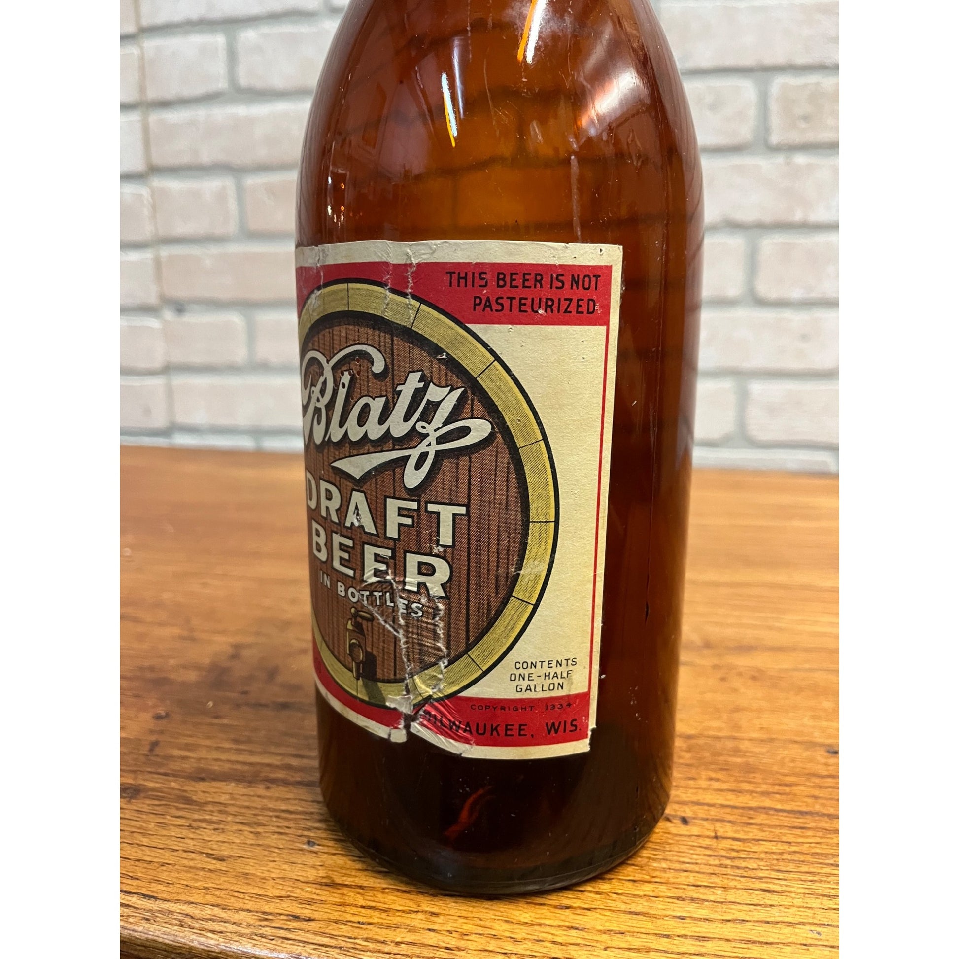 Vintage 1930s Blatz Picnic Draft Beer Half Gallon Glass Bottle ~Milwaukee, Wis.