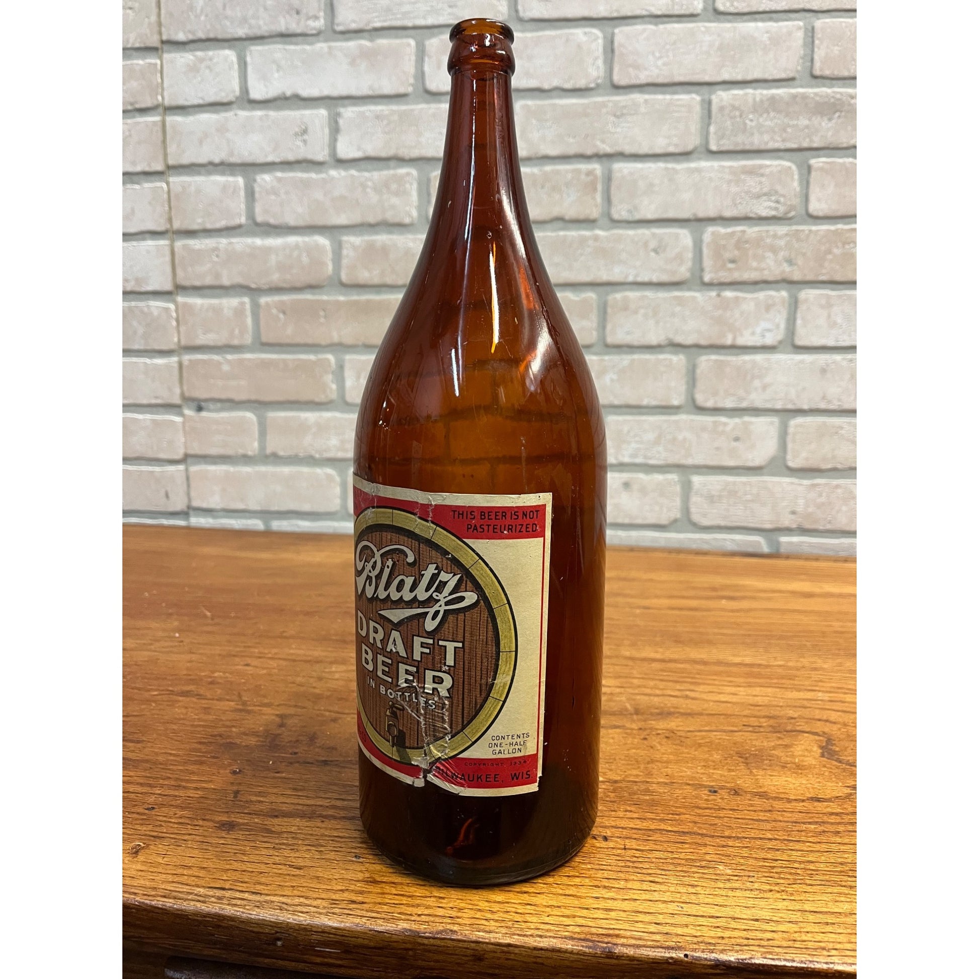 Vintage 1930s Blatz Picnic Draft Beer Half Gallon Glass Bottle ~Milwaukee, Wis.