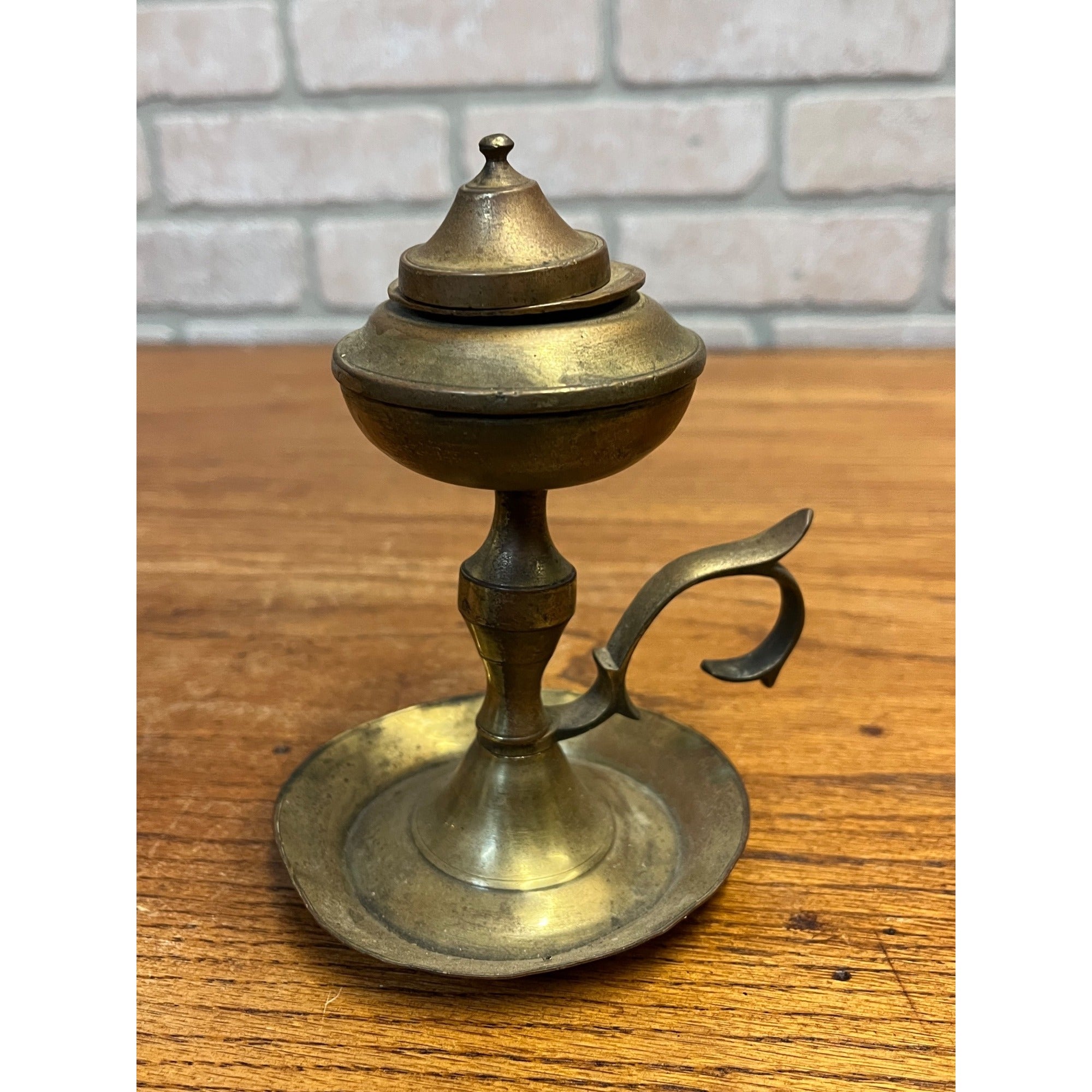 Vintage Brass Whale Oil Lamp w/ Lid Finger Loop Handheld 5" Tall Pedestal Mount