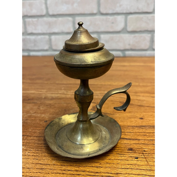 Vintage Brass Whale Oil Lamp w/ Lid Finger Loop Handheld 5" Tall Pedestal Mount