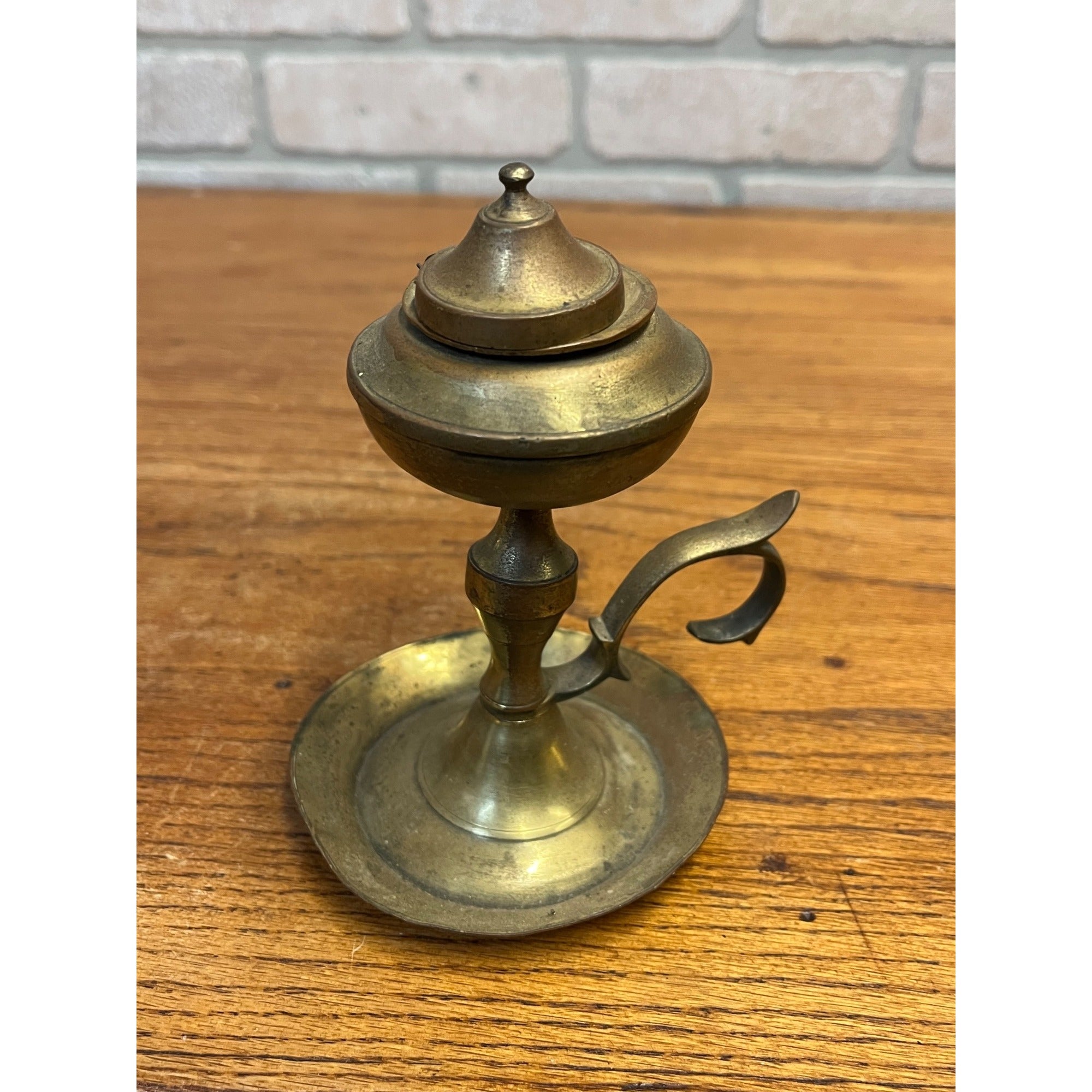 Vintage Brass Whale Oil Lamp w/ Lid Finger Loop Handheld 5" Tall Pedestal Mount