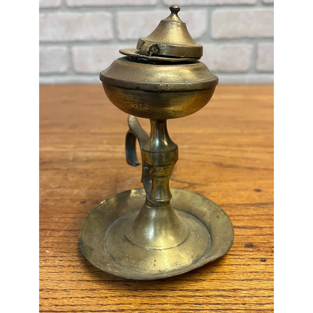 Vintage Brass Whale Oil Lamp w/ Lid Finger Loop Handheld 5" Tall Pedestal Mount