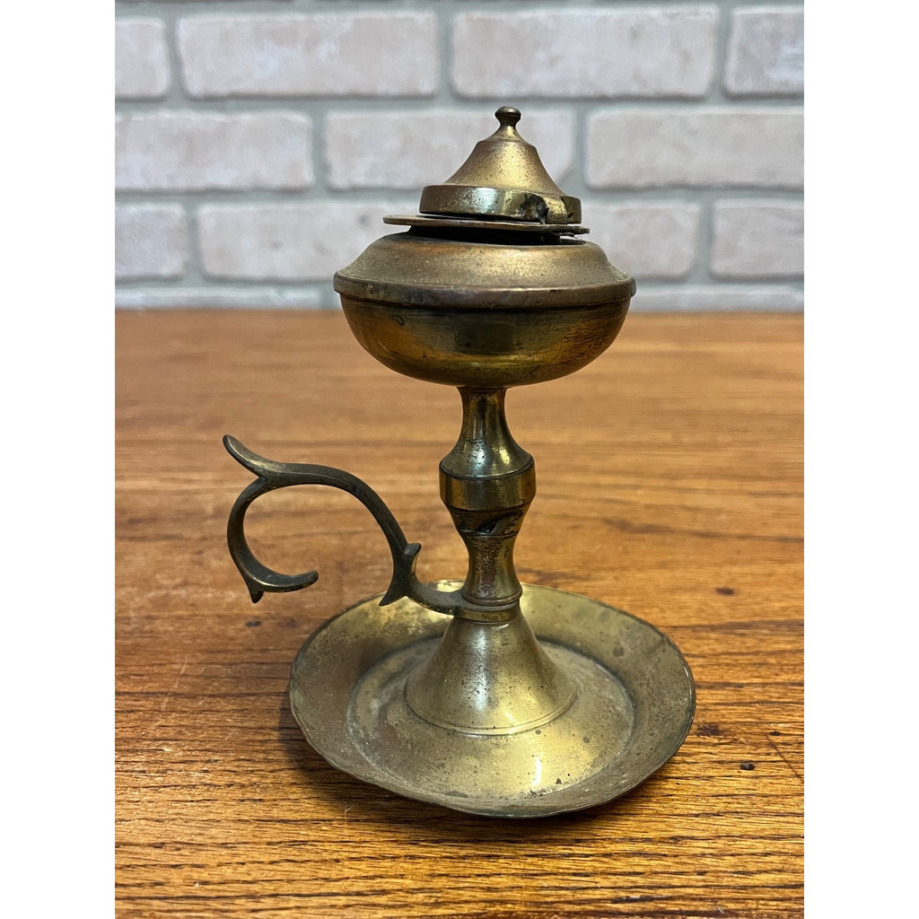 Vintage Brass Whale Oil Lamp w/ Lid Finger Loop Handheld 5" Tall Pedestal Mount