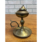 Vintage Brass Whale Oil Lamp w/ Lid Finger Loop Handheld 5" Tall Pedestal Mount