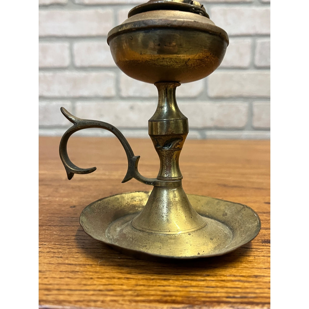 Vintage Brass Whale Oil Lamp w/ Lid Finger Loop Handheld 5" Tall Pedestal Mount