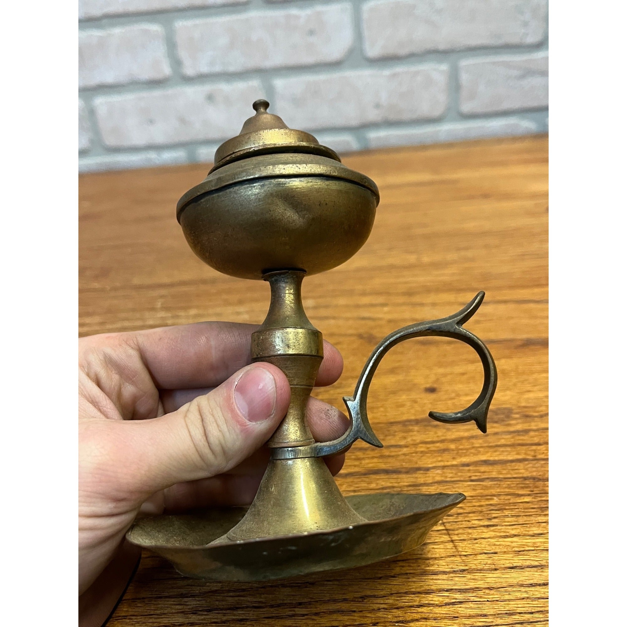 Vintage Brass Whale Oil Lamp w/ Lid Finger Loop Handheld 5" Tall Pedestal Mount