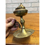 Vintage Brass Whale Oil Lamp w/ Lid Finger Loop Handheld 5" Tall Pedestal Mount