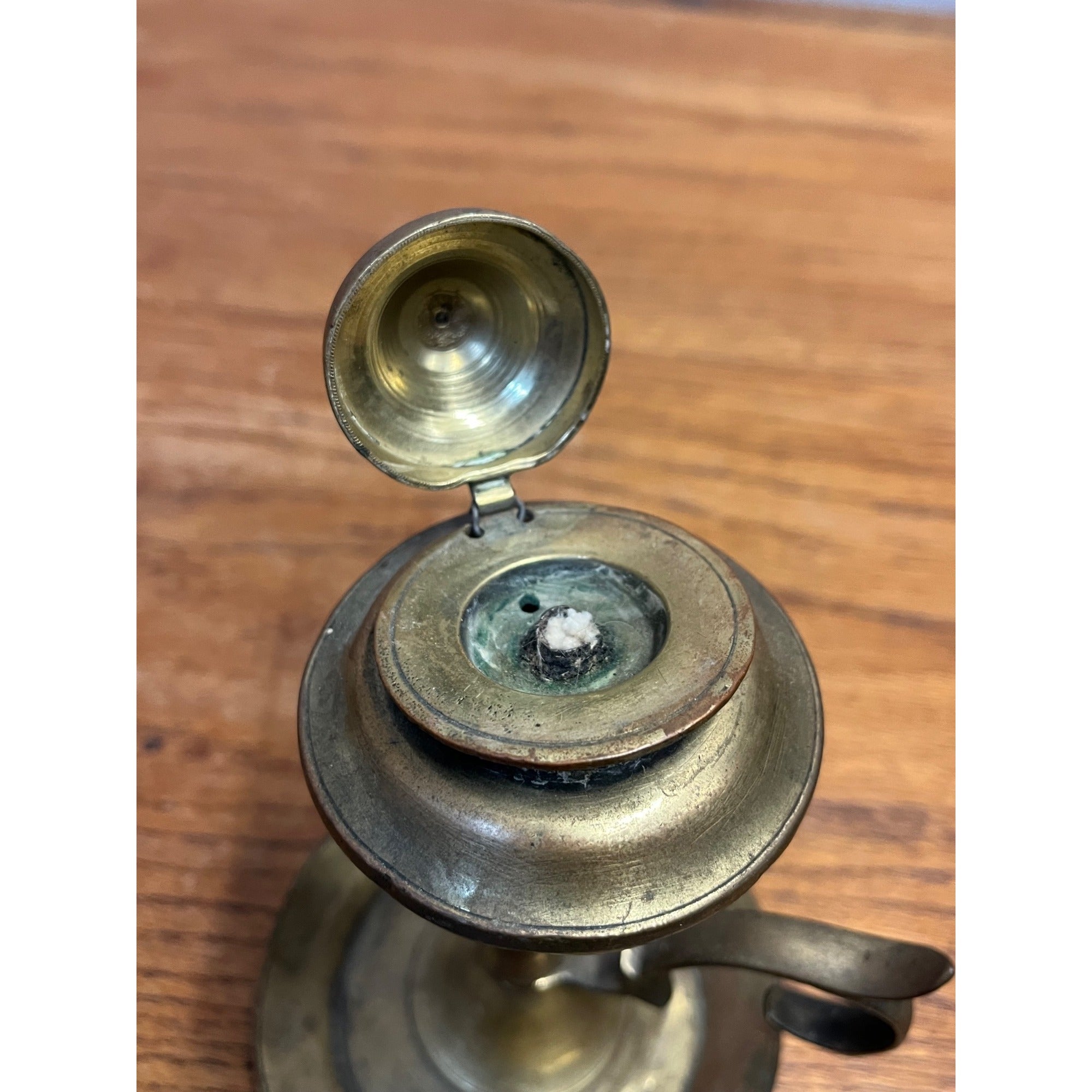 Vintage Brass Whale Oil Lamp w/ Lid Finger Loop Handheld 5" Tall Pedestal Mount