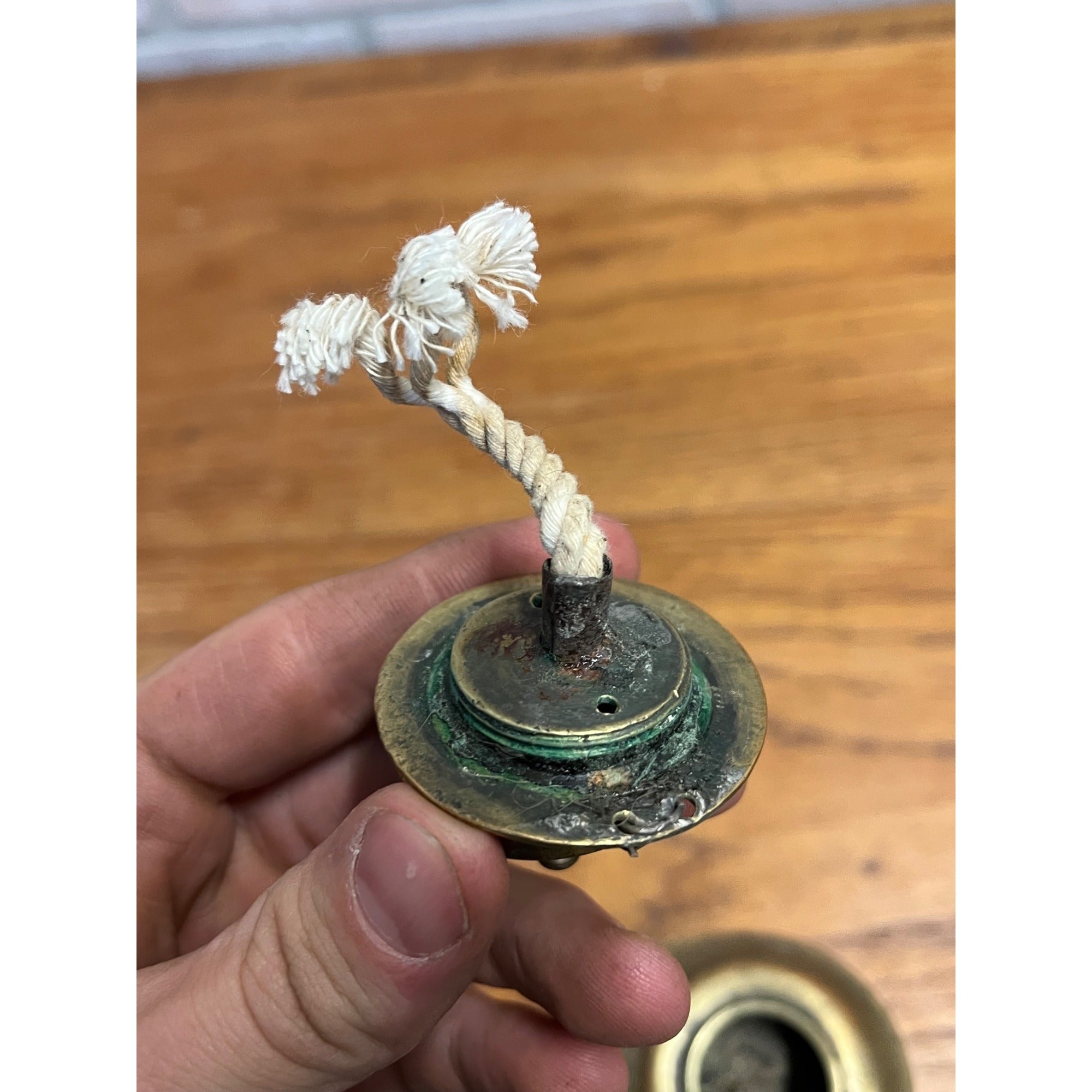 Vintage Brass Whale Oil Lamp w/ Lid Finger Loop Handheld 5" Tall Pedestal Mount