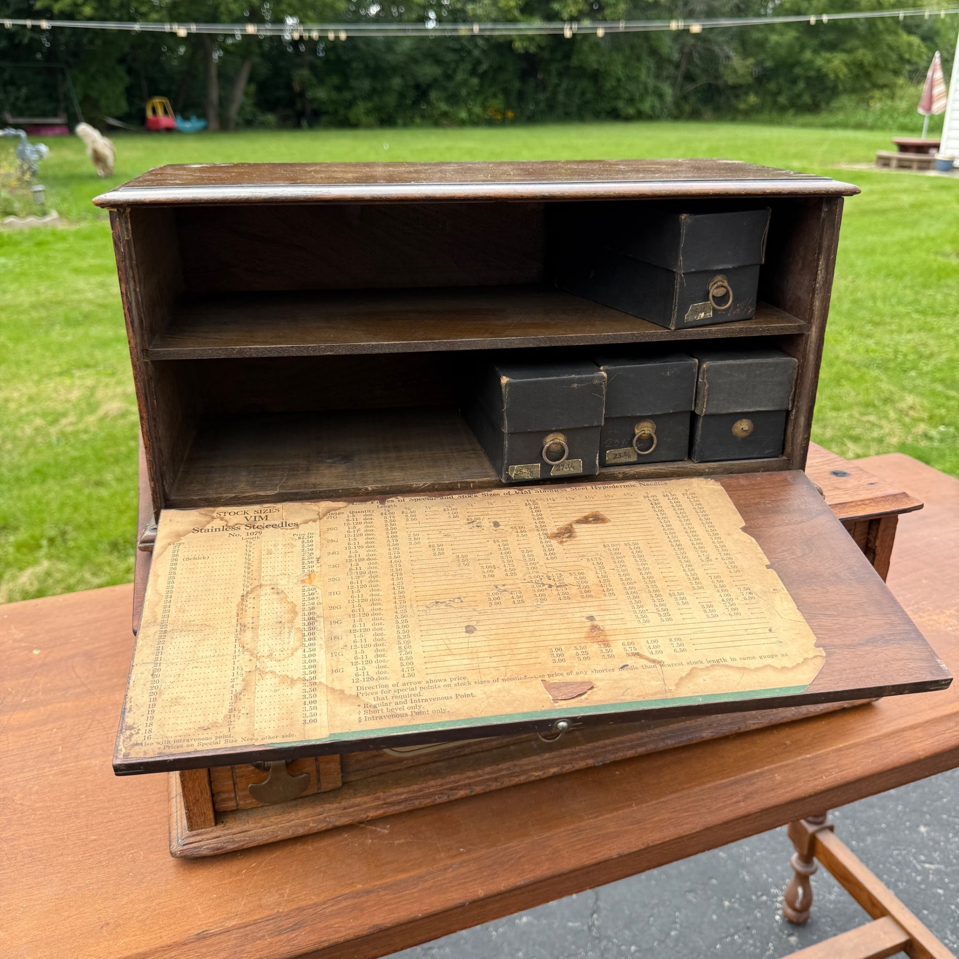 Antique 1900s Vims Needles Counter Top Store Wooden Display Case Cabinet