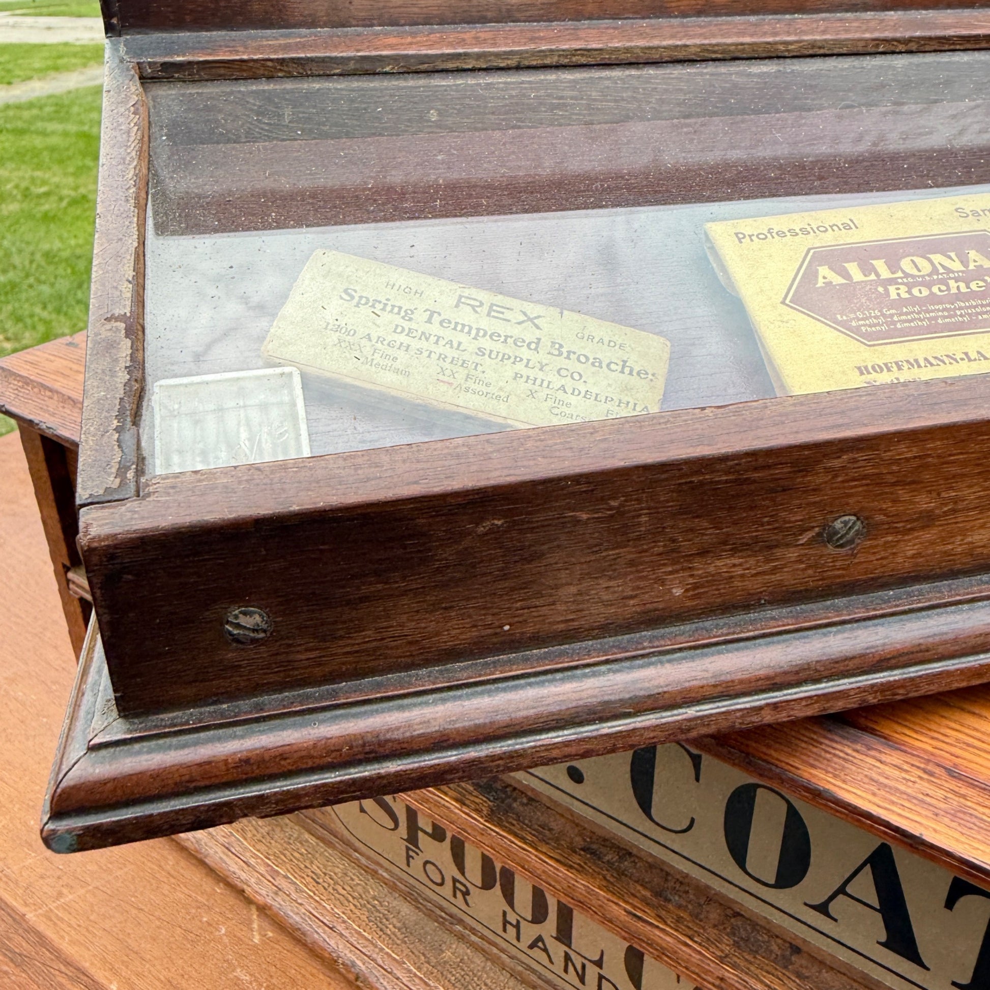 Antique 1900s Vims Needles Counter Top Store Wooden Display Case Cabinet
