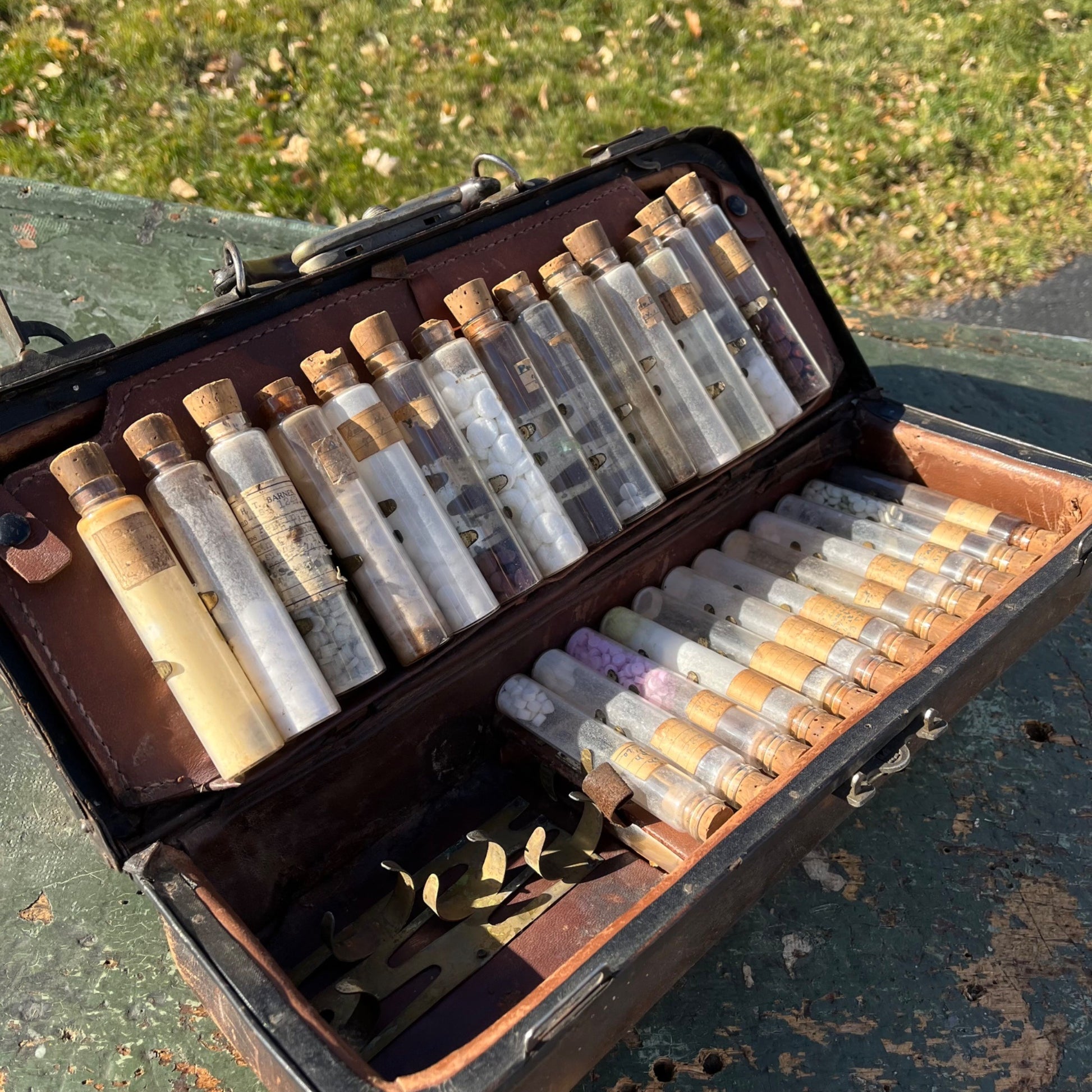 Antique Traveling Veterarian Doctor Leather Apothecary Bag  w/ Glass Bottles