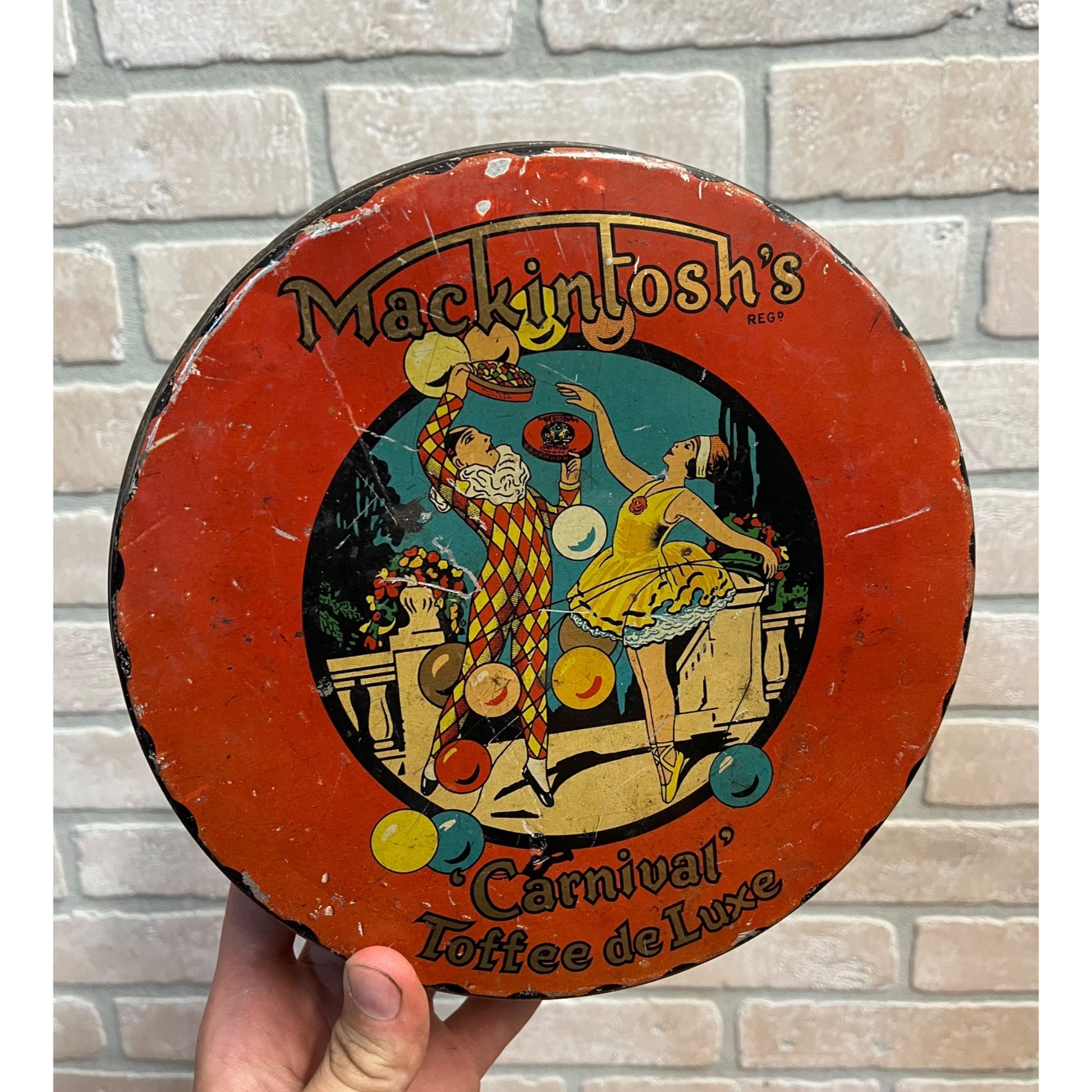 Vintage 1930s Mackintosh's Carnival Toffee Art Deco Nouveau Container Tin Advertising Litho